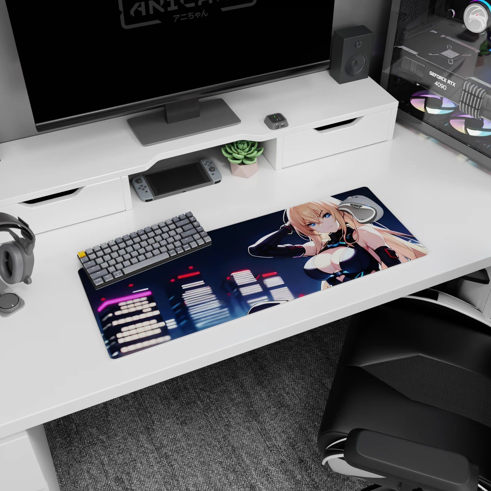 Blonde icy-blue-eyed anime girl lounging before neon towers mouse pad 32x12 inches, sci-fi chic gloves.