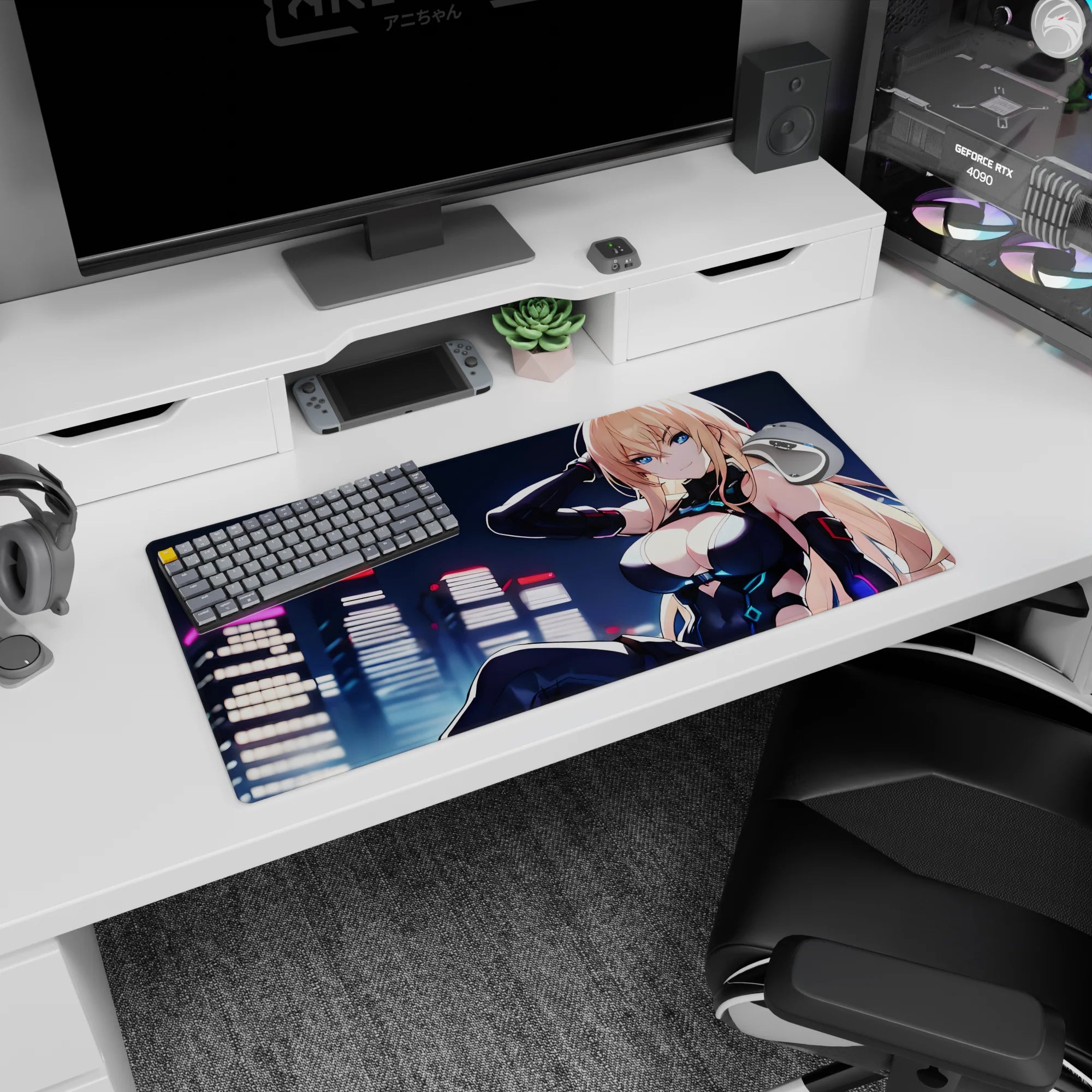 32x16 inches anime mouse pad showing icy blue-eyed blonde lounging under city lights, sci-fi gloves and smirk.