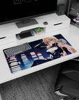 32x16 inches anime mouse pad showing icy blue-eyed blonde lounging under city lights, sci-fi gloves and smirk.