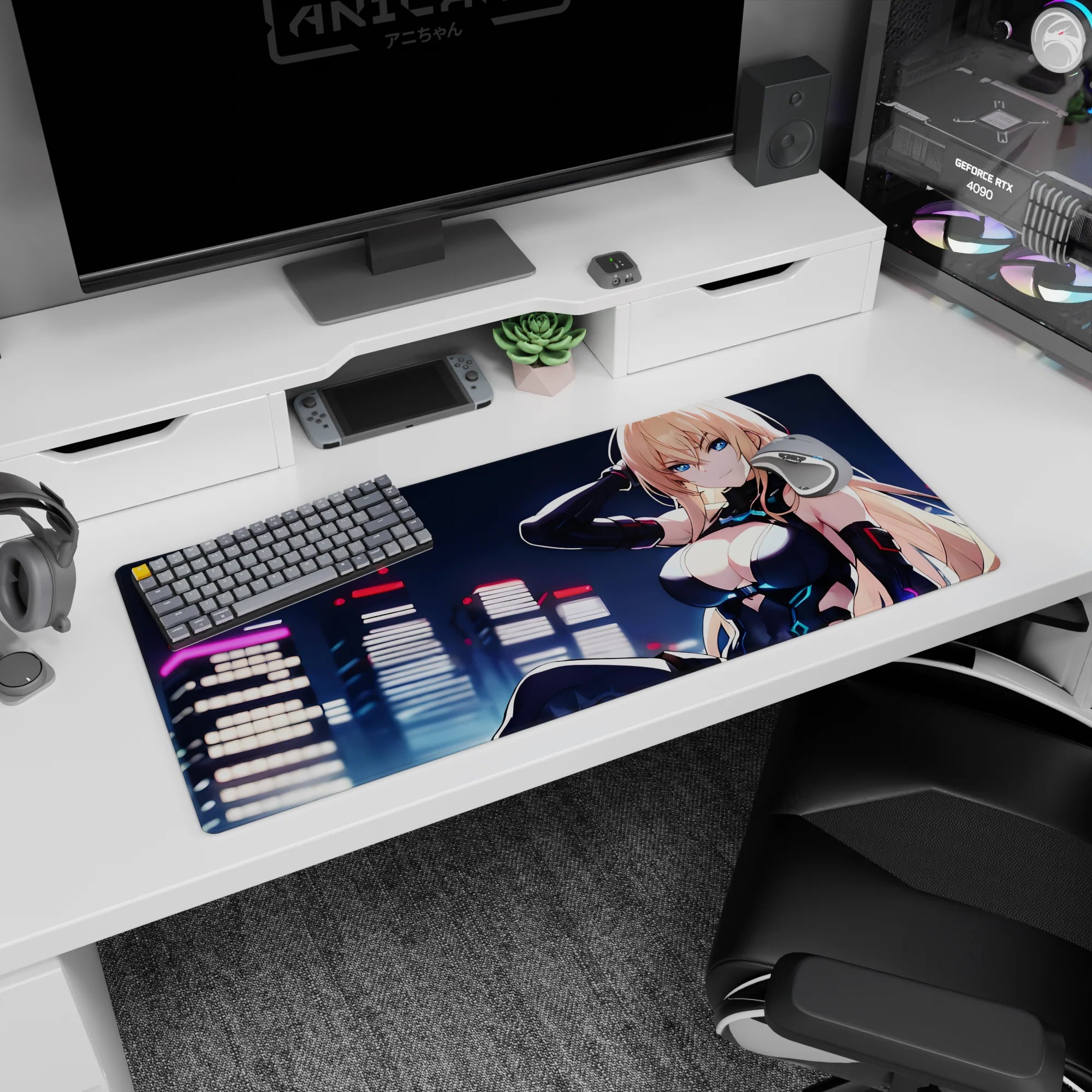 Anime girl 36x16 inches desk pad showing icy blue-eyed blonde lounging, hand in hair, neon towers behind.