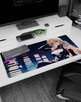 Anime girl 36x16 inches desk pad showing icy blue-eyed blonde lounging, hand in hair, neon towers behind.