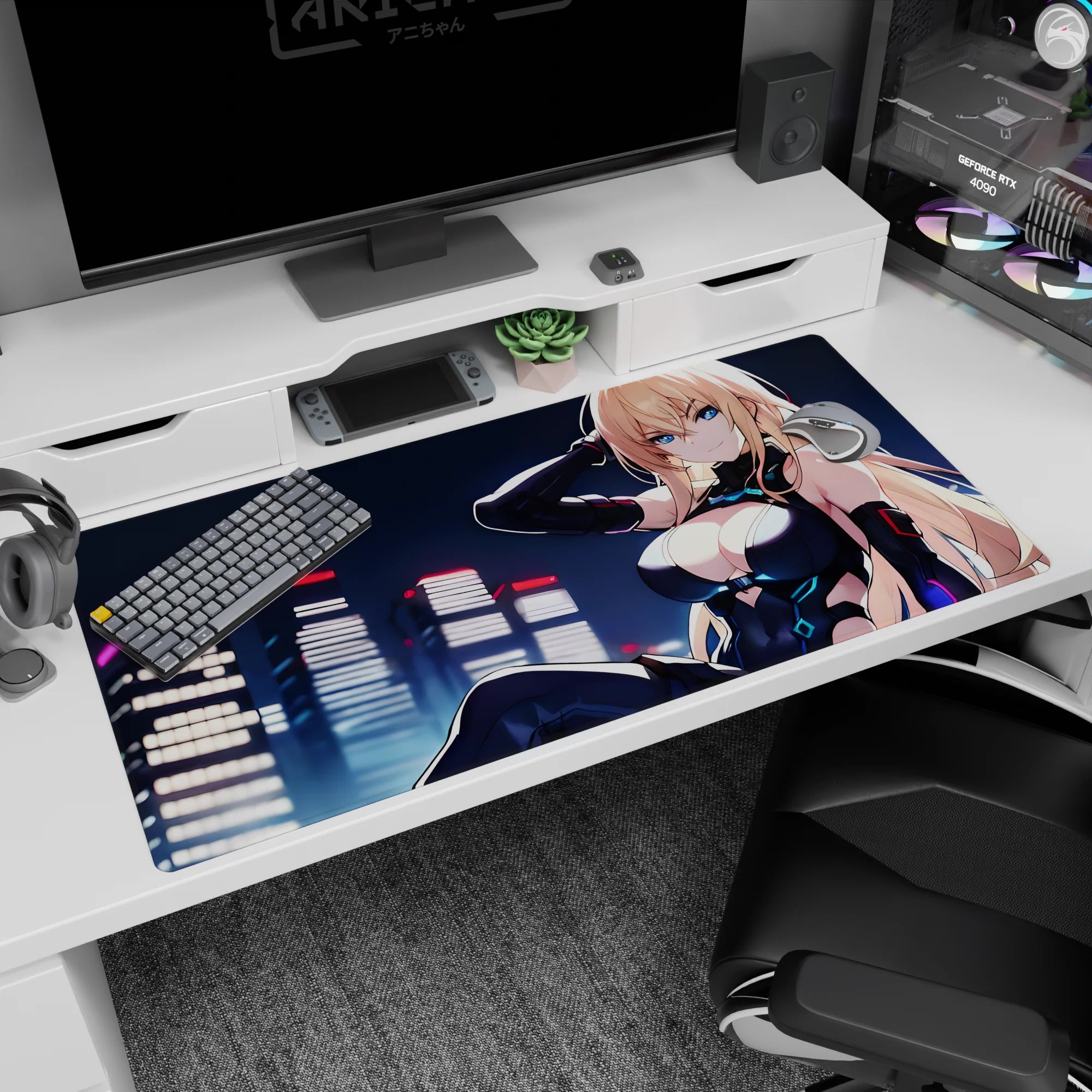 40x20 inches anime desk pad featuring icy-eyed blonde lounging by neon towers, sci-fi gloves and smirk.