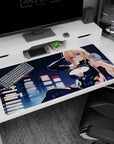 40x20 inches anime desk pad featuring icy-eyed blonde lounging by neon towers, sci-fi gloves and smirk.