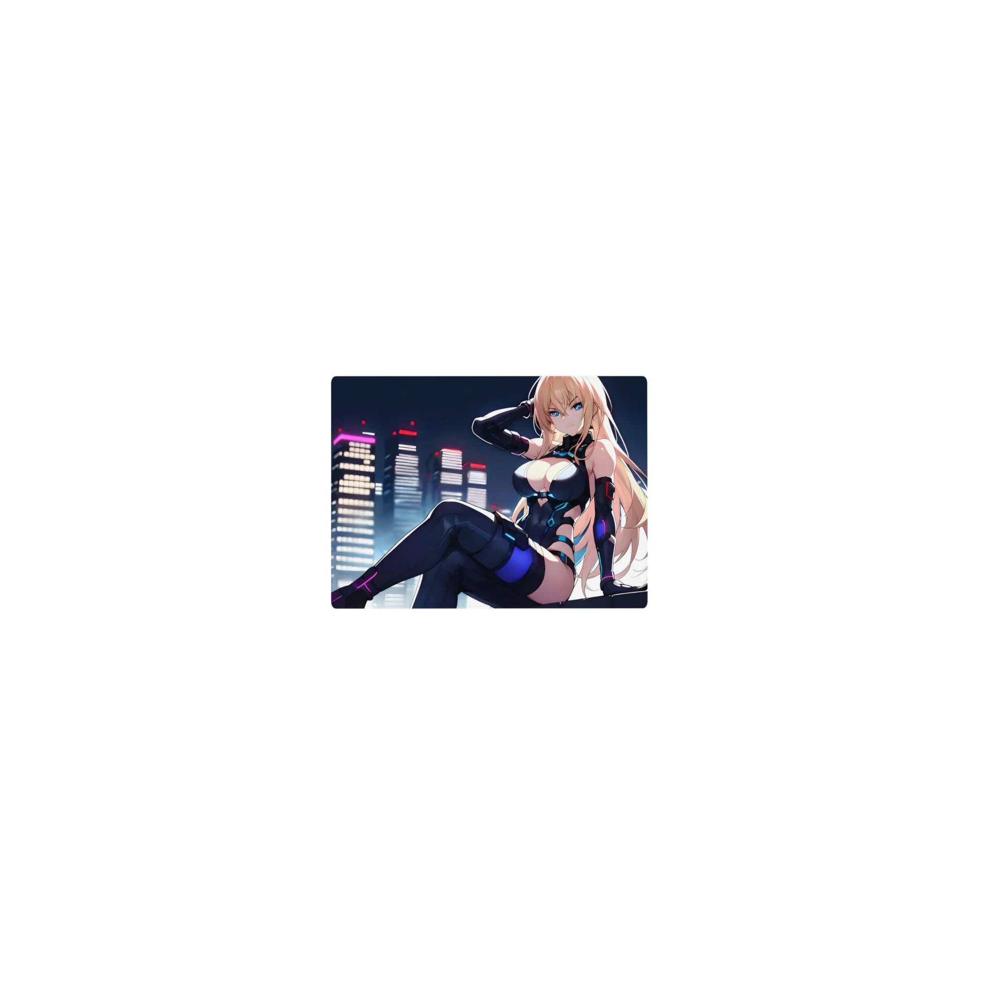 Classic anime girl mouse pad 14x10 inches, cyberpunk city backdrop, blonde in black bodysuit with cyan accents.