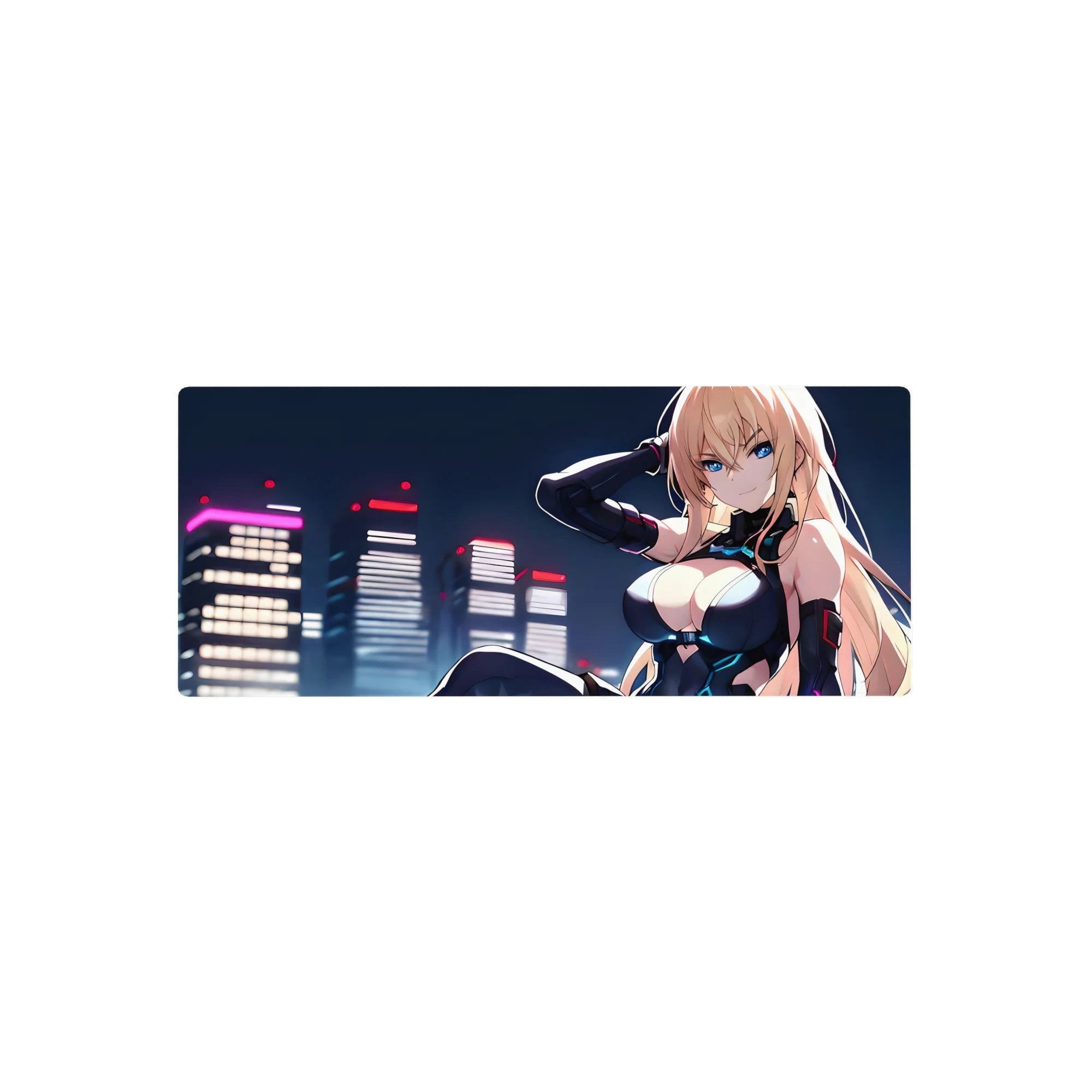 Anime girl mouse pad 28x12 inches with cyberpunk skyline, blonde in black bodysuit with cyan accents.