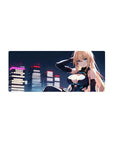 Anime girl mouse pad 28x12 inches with cyberpunk skyline, blonde in black bodysuit with cyan accents.
