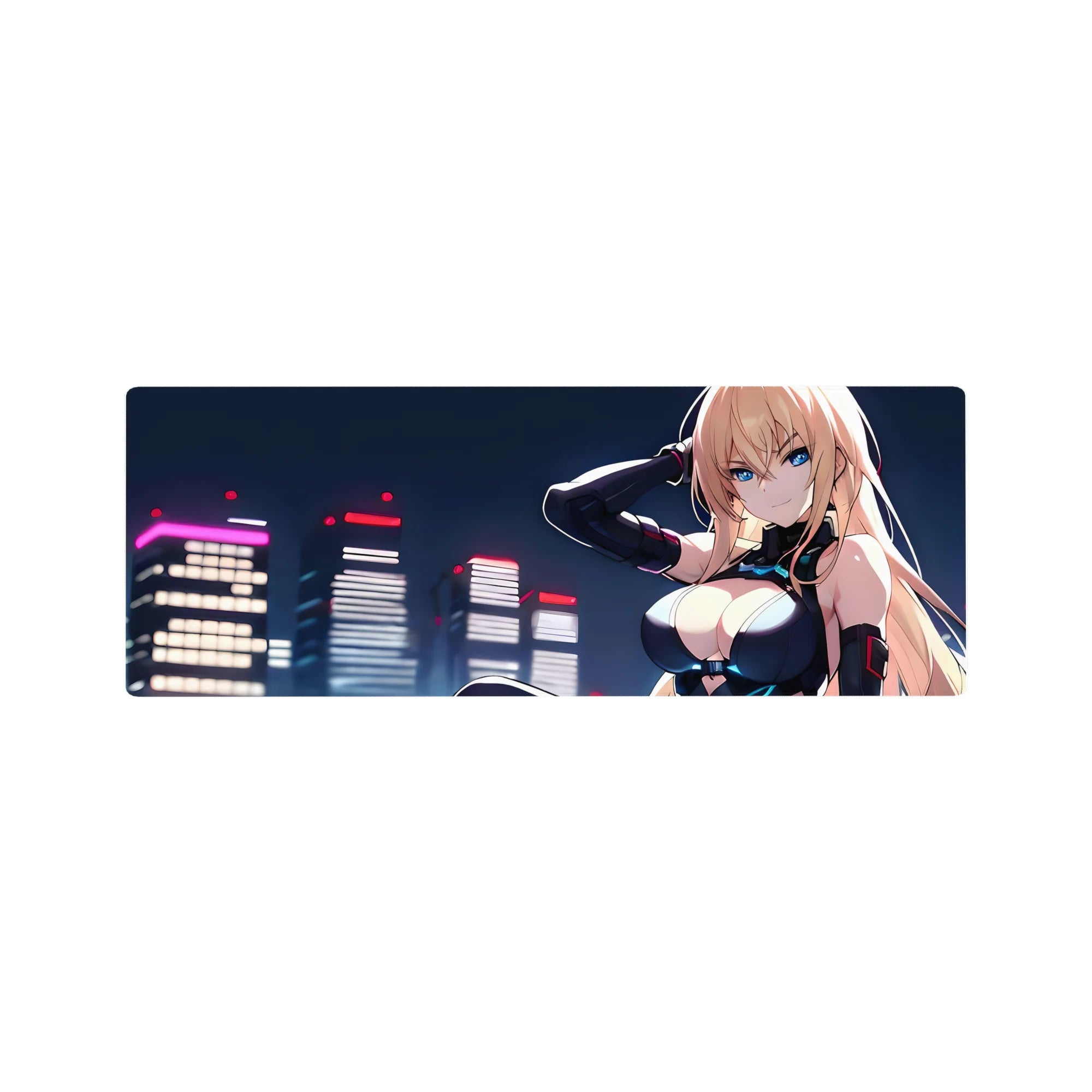 Neon cyberpunk anime girl mouse pad 32x12 inches with blonde in black bodysuit and city skyline.