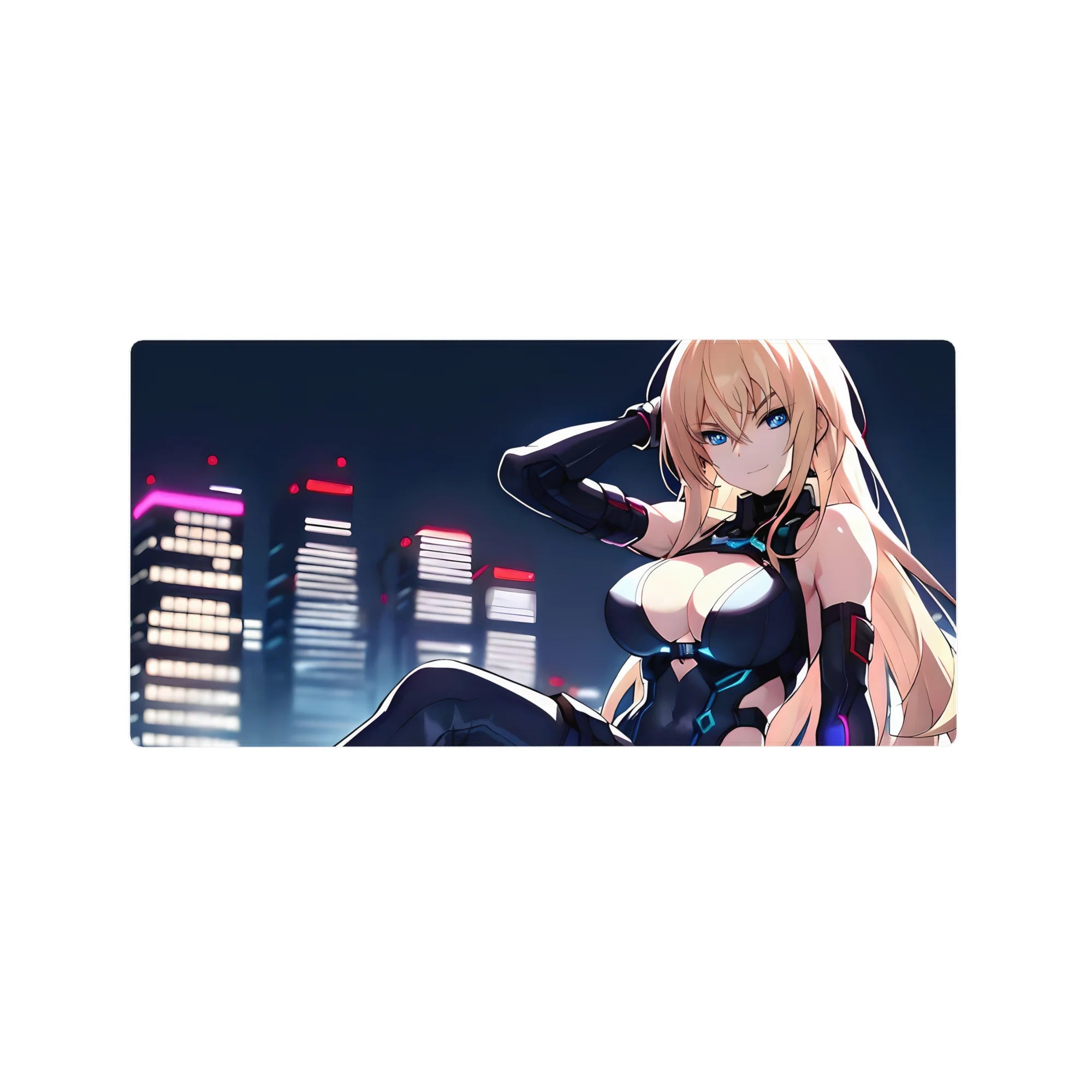 32x16 inches anime girl mouse pad with neon cyberpunk skyline, blonde in black bodysuit, cyan accents.