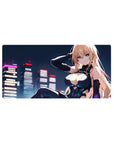 32x16 inches anime girl mouse pad with neon cyberpunk skyline, blonde in black bodysuit, cyan accents.