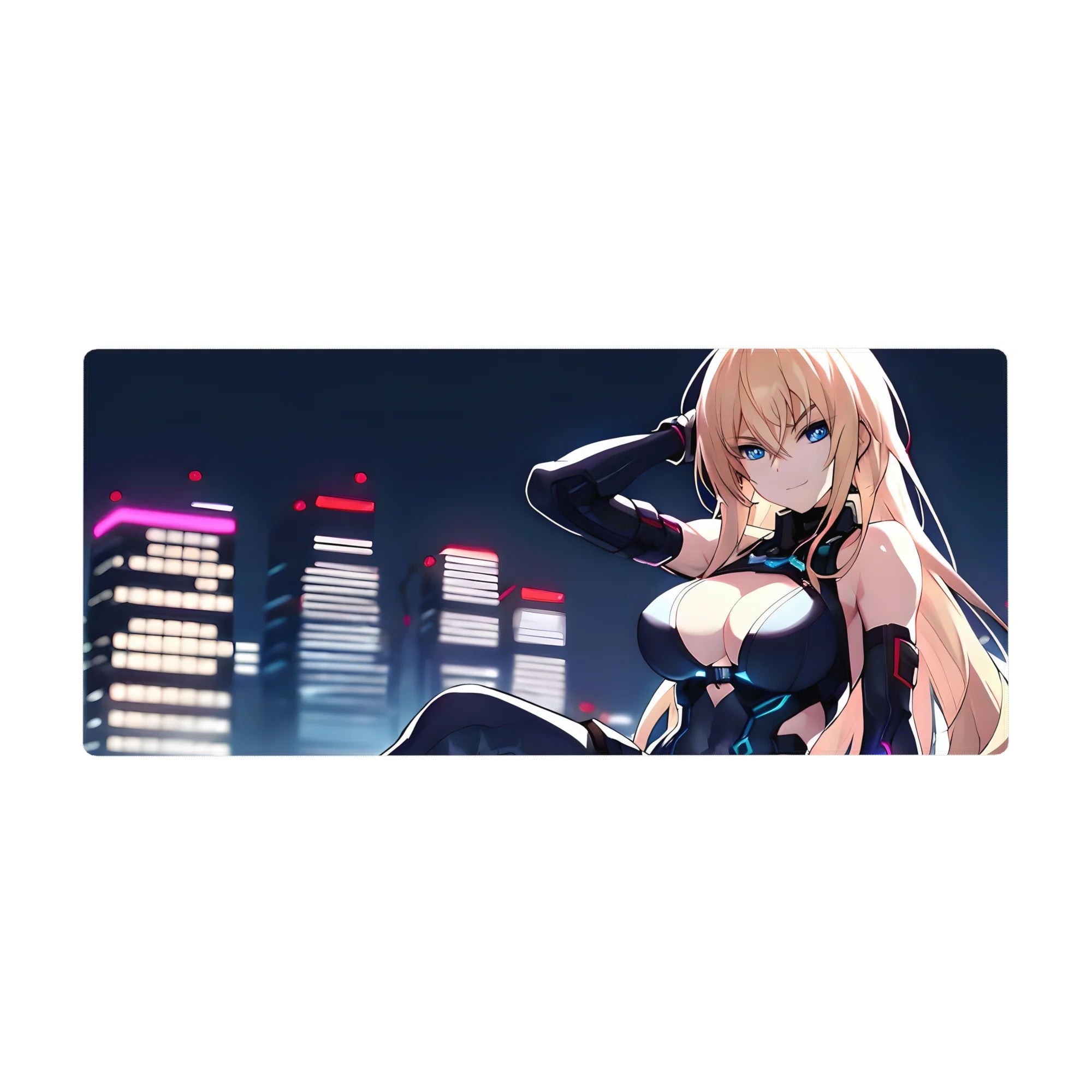 Anime girl desk pad 36x16 inches with cyberpunk skyline, blonde in black bodysuit, neon city backdrop.