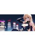 Anime girl desk pad 36x16 inches with cyberpunk skyline, blonde in black bodysuit, neon city backdrop.