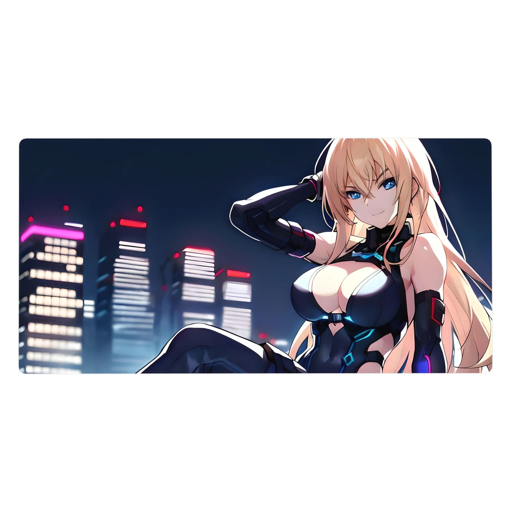 Anime girl desk pad 40x20 inches with neon city skyline, blonde in black bodysuit, cyan accents.
