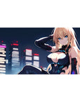 Anime girl desk pad 40x20 inches with neon city skyline, blonde in black bodysuit, cyan accents.