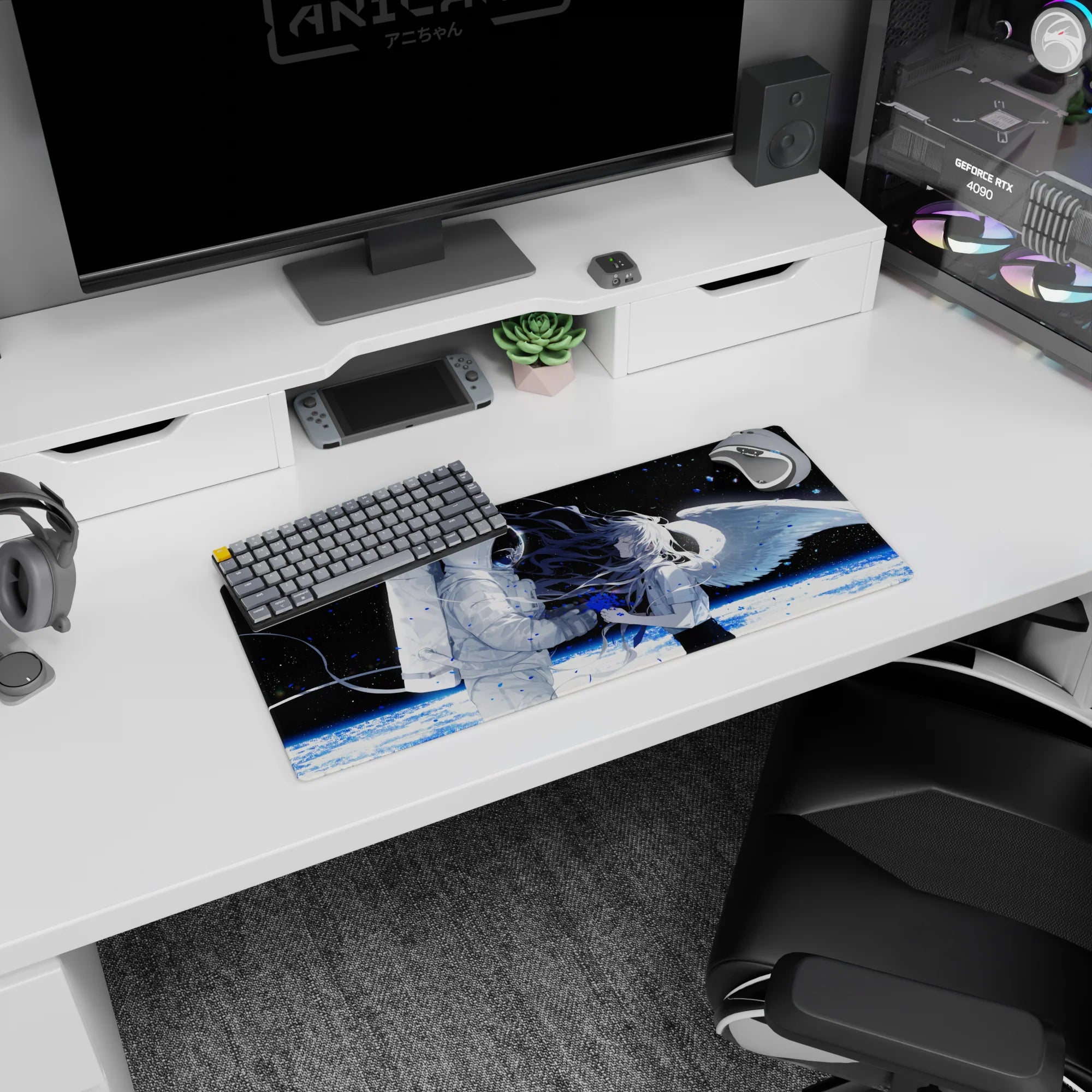 28x12 inches anime girl mouse pad showing white-suited astronaut reaching for silver-haired angel girl, visor shine.
