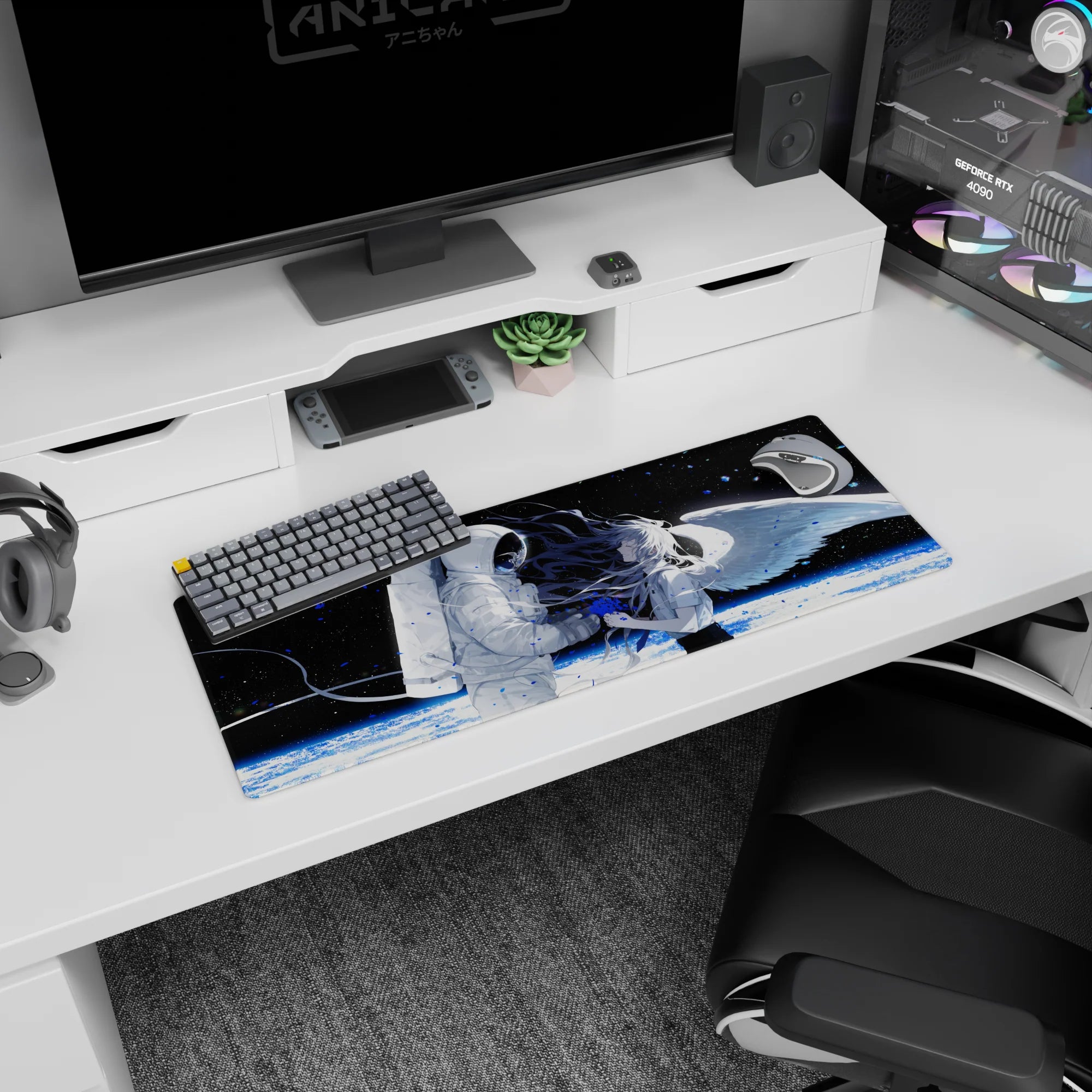 32x12 inches anime mouse pad featuring a winged silver-haired girl facing a helmeted astronaut in space.