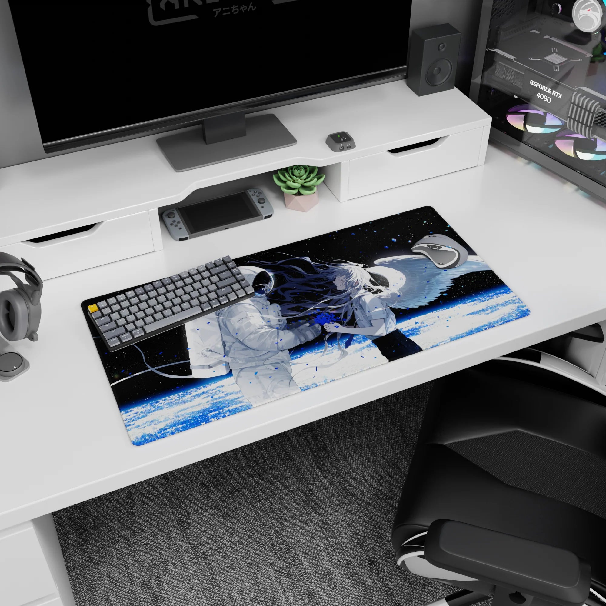32x16 inches anime desk mat showing white-suited astronaut and angel-wing girl with flowing silver hair.