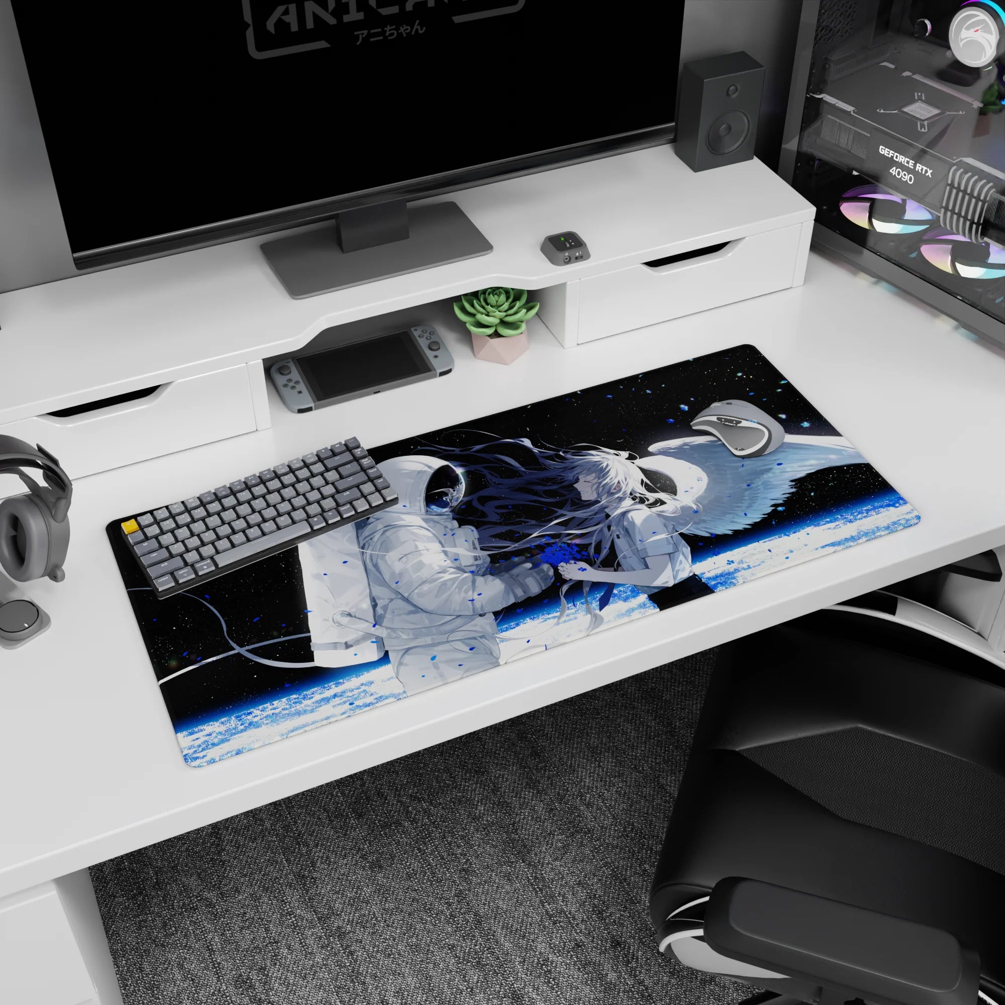 Astronaut reaches for winged anime girl with flowing silver hair on a 36x16 inches desk pad.