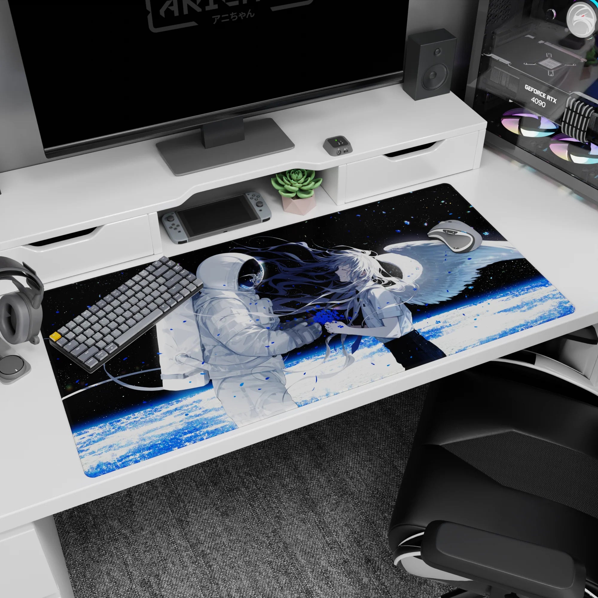Astronaut in white reaching for angel-wing anime girl with flowing silver hair on desk pad, 40x20 inches.