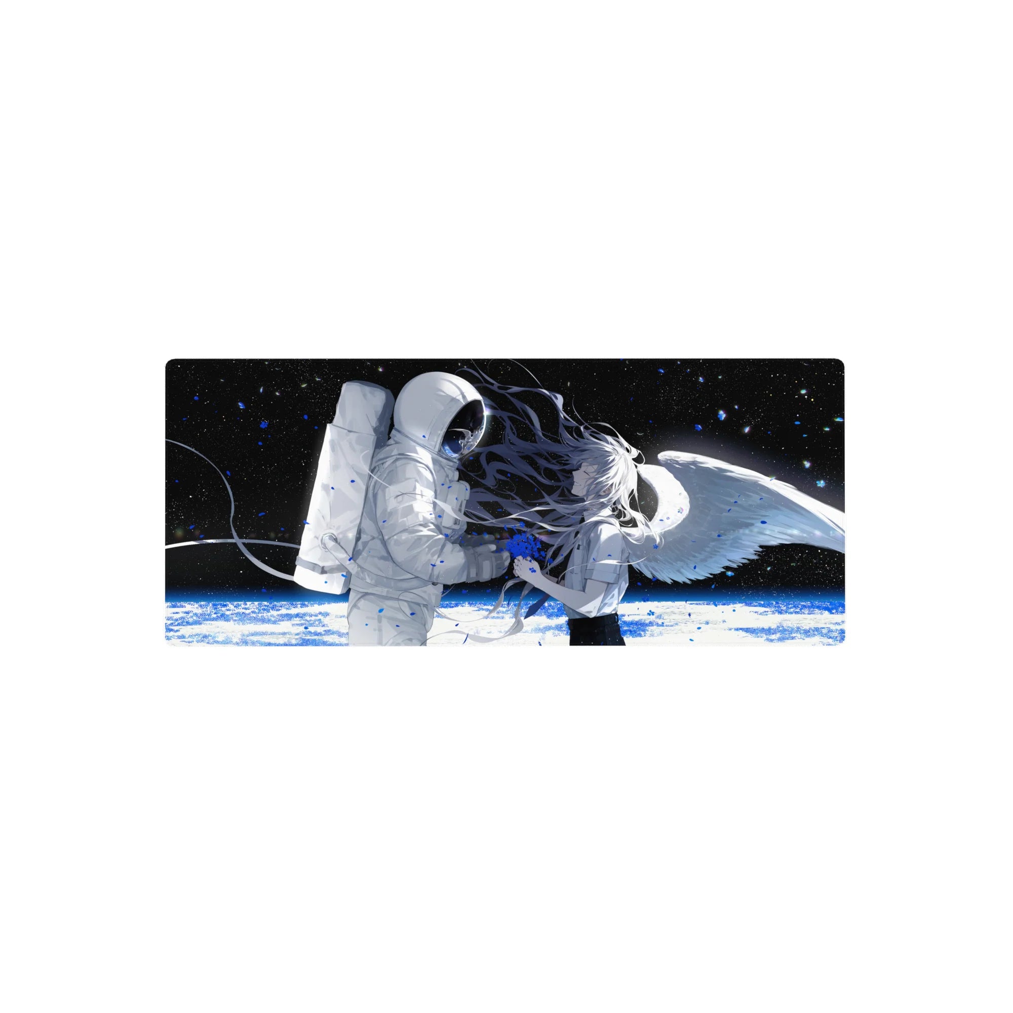 Anime girl mouse pad 28x12 inches with astronaut and winged silver-haired girl in starry space scene.