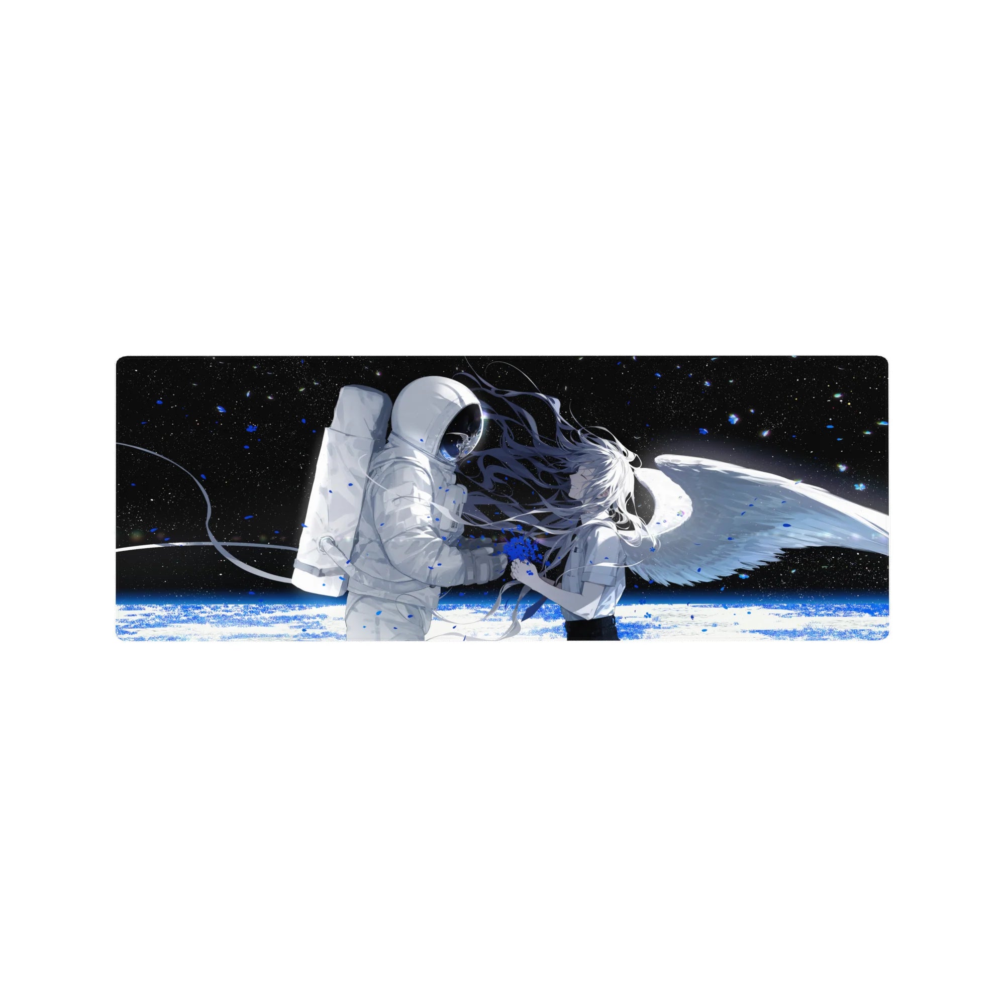 32x12 inches anime girl mouse pad with astronaut reaching for winged silver-haired girl in starry space.
