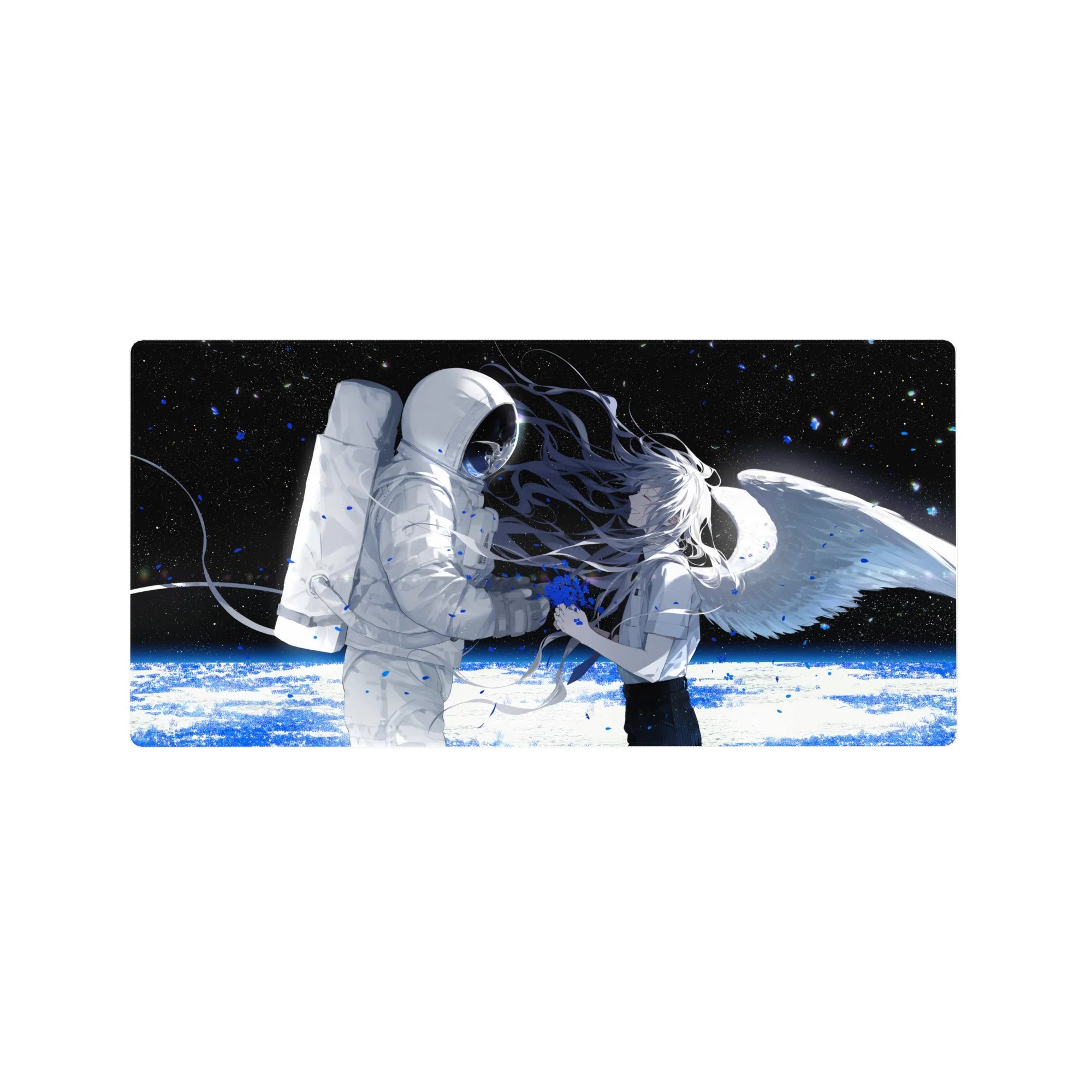 Anime girl mouse pad 32x16 inches with astronaut reaching for winged silver-haired girl in space.