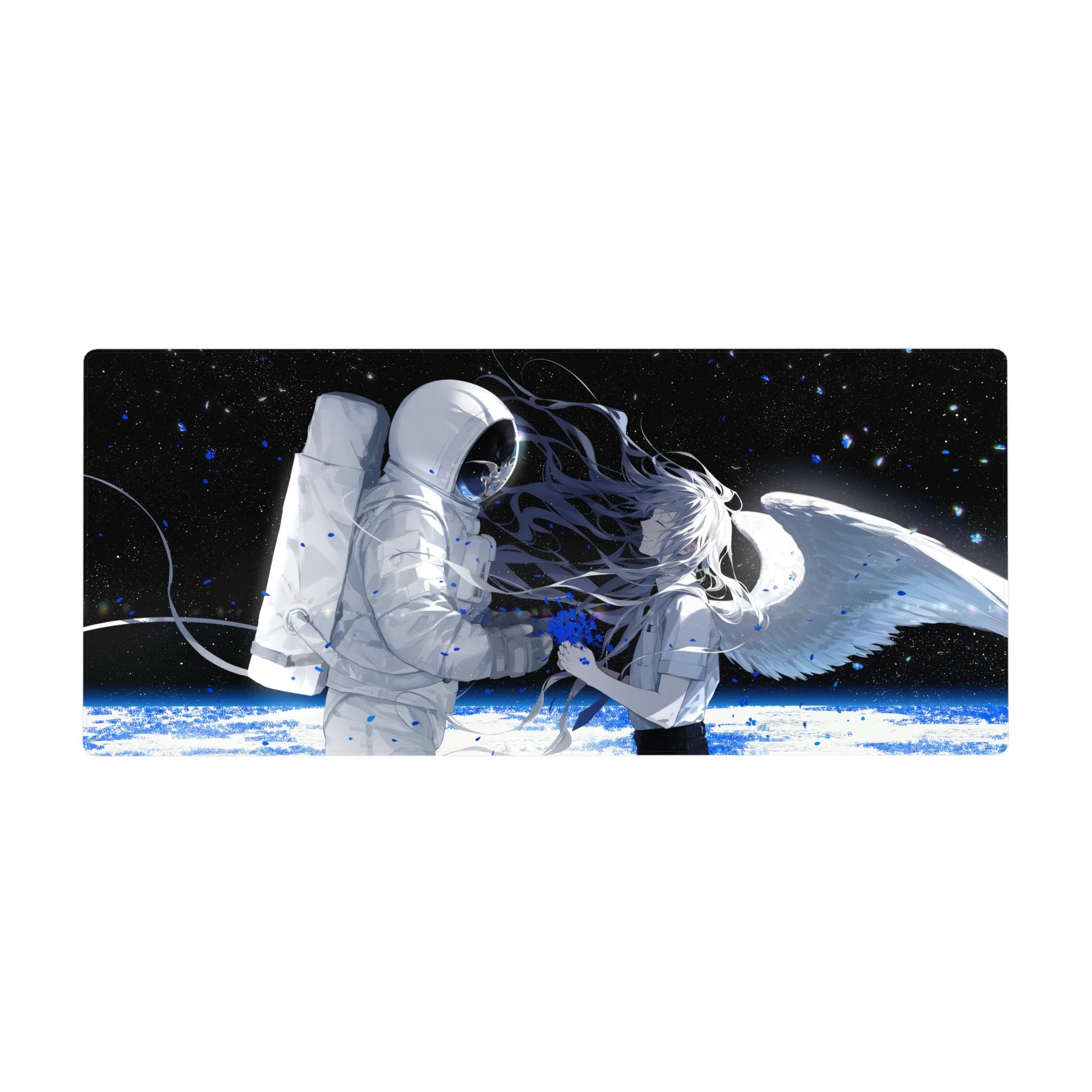 Anime girl space desk pad 36x16 inches with astronaut, winged silver-haired girl, and planet glow.