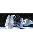 Anime girl space desk pad 36x16 inches with astronaut, winged silver-haired girl, and planet glow.