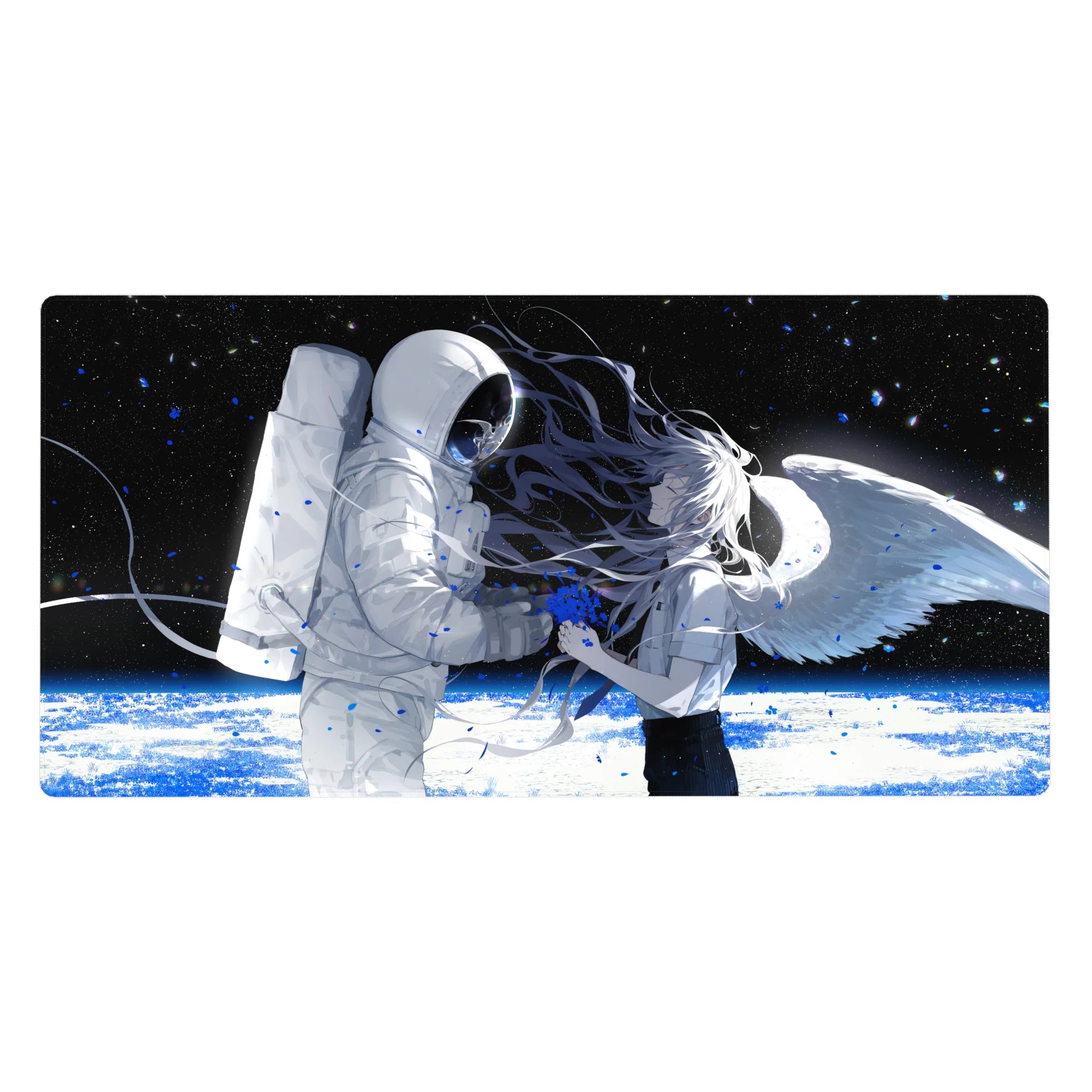 Anime girl space astronaut desk pad, starlit black background with winged silver-haired girl, 40x20 inches.