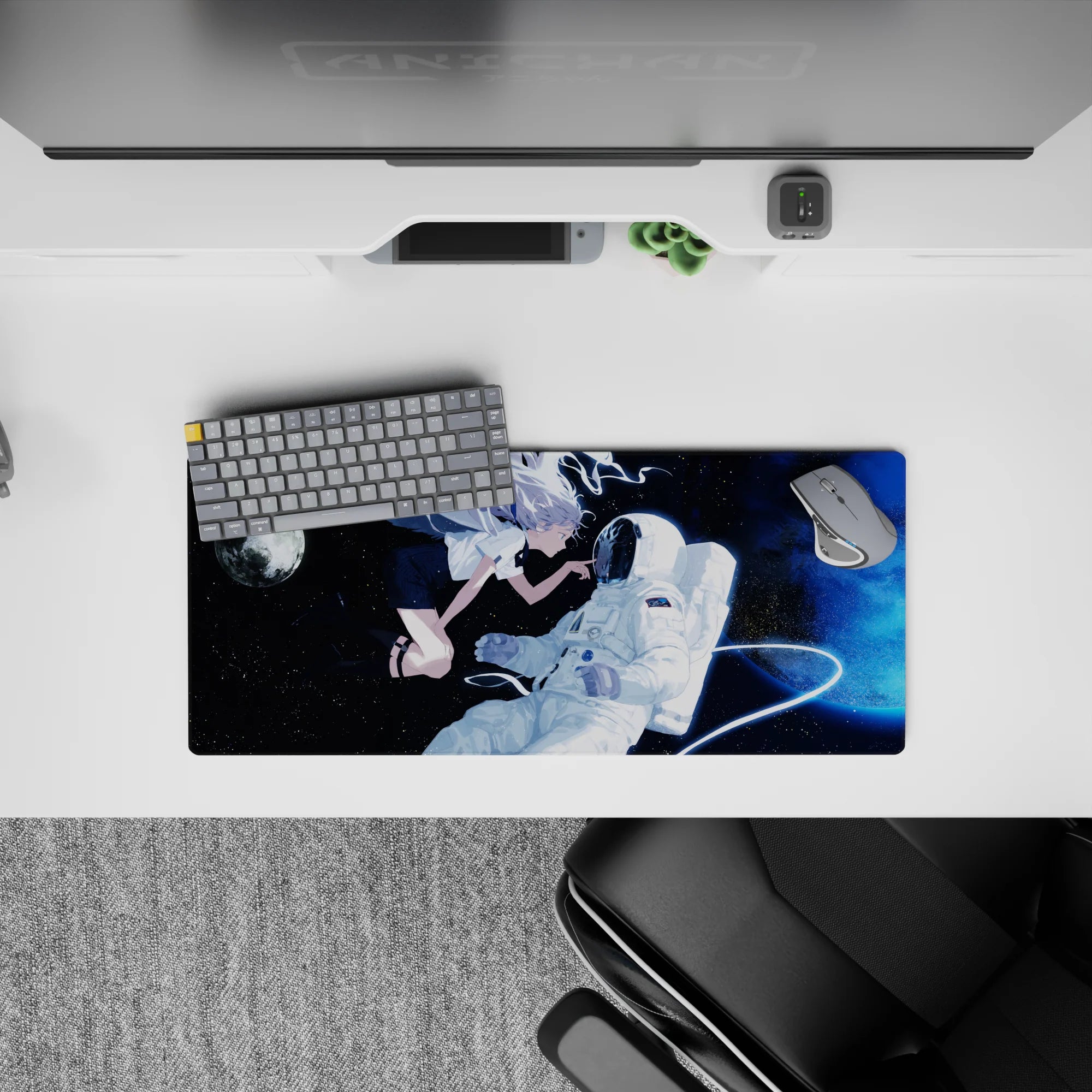 Anime girl mouse pad 28x12 inches in deep navy, bright moonlight, and electric blue haze for calm galaxy vibes.