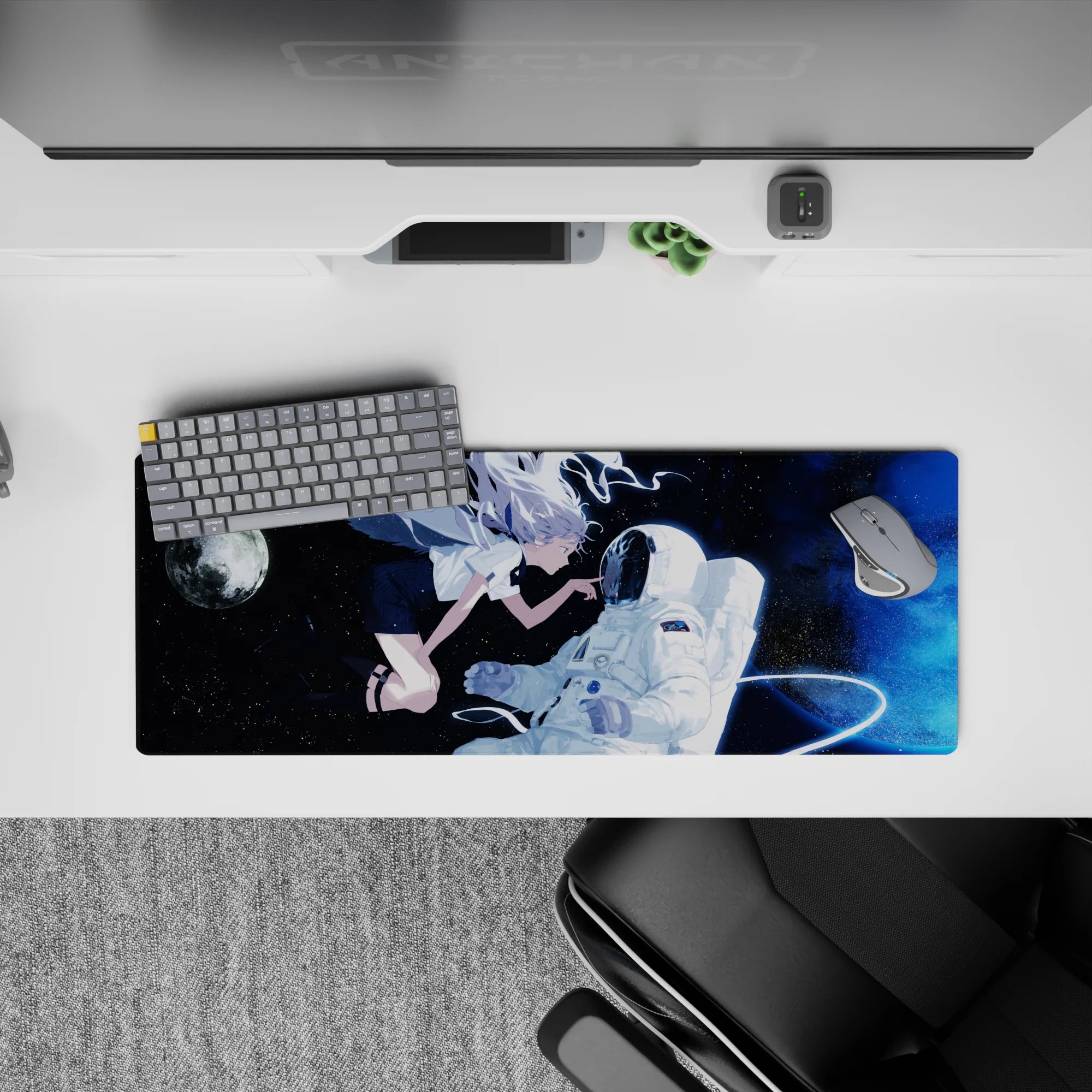32x12 inches anime desk mouse pad in deep navy with moonlight glow and electric blue haze, calm sci-fi vibe.
