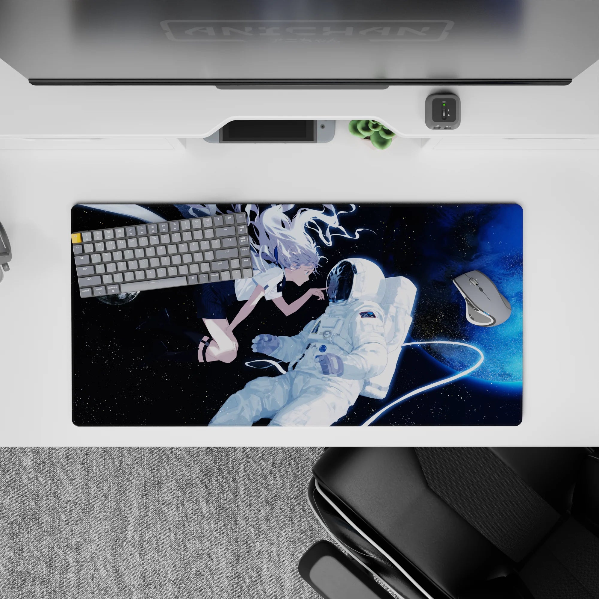 32x16 inches galaxy anime mouse pad in deep navy with bright moonlight and electric blue haze, calming vibe.