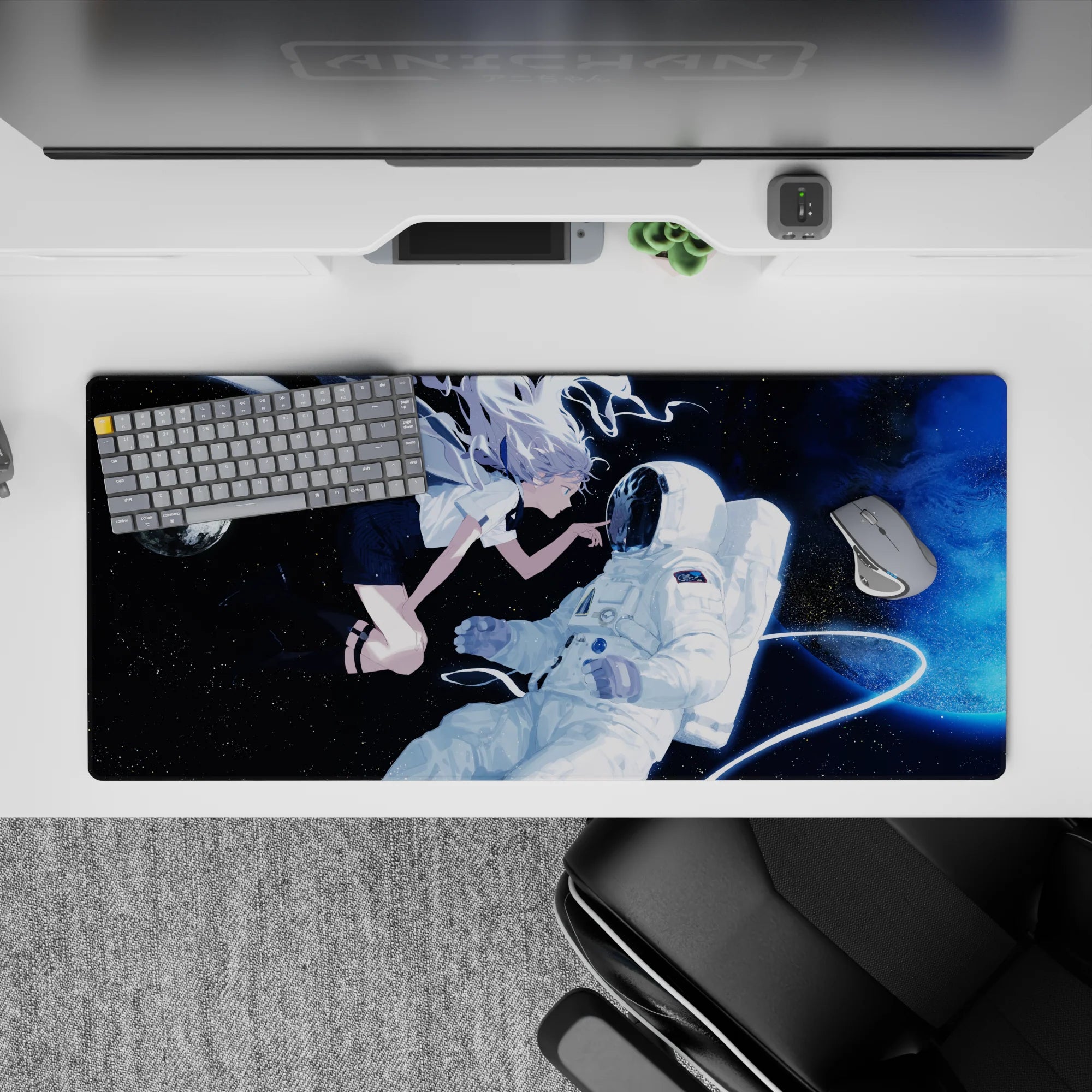 Galaxy vibe desk pad 36x16 inches in deep navy, moonlit glow, and electric blue haze, calming sci-fi.