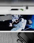 Galaxy vibe desk pad 36x16 inches in deep navy, moonlit glow, and electric blue haze, calming sci-fi.