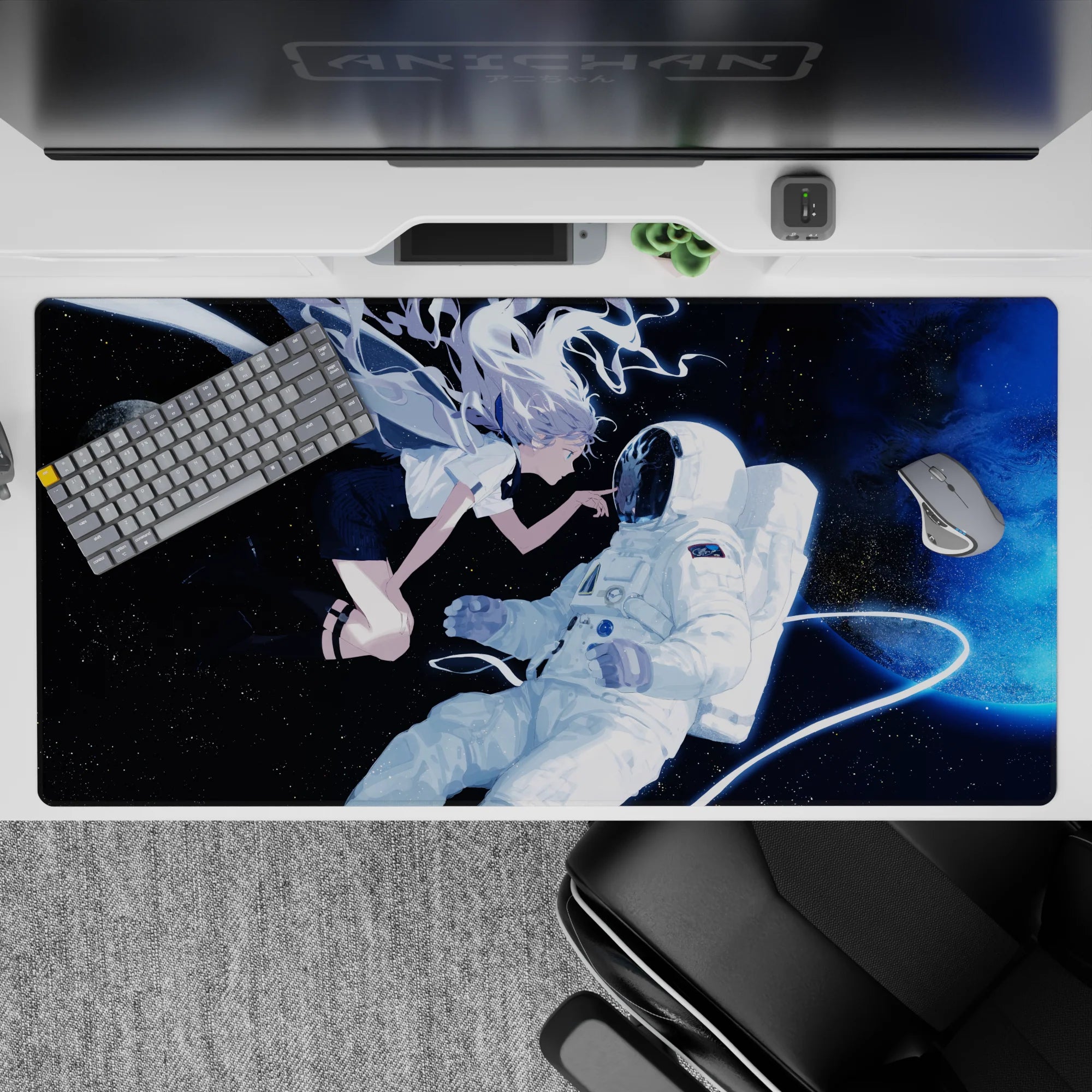 40x20 inches anime desk pad in deep navy space with bright moon glow and electric blue haze, calming vibe.
