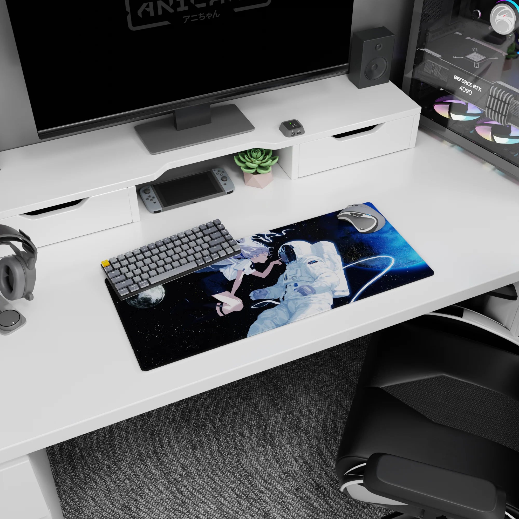 Anime girl mouse pad 28x12 inches showing winged silver-haired girl reaching toward a white astronaut with tether.