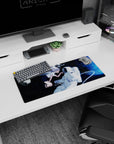 Anime girl mouse pad 28x12 inches showing winged silver-haired girl reaching toward a white astronaut with tether.