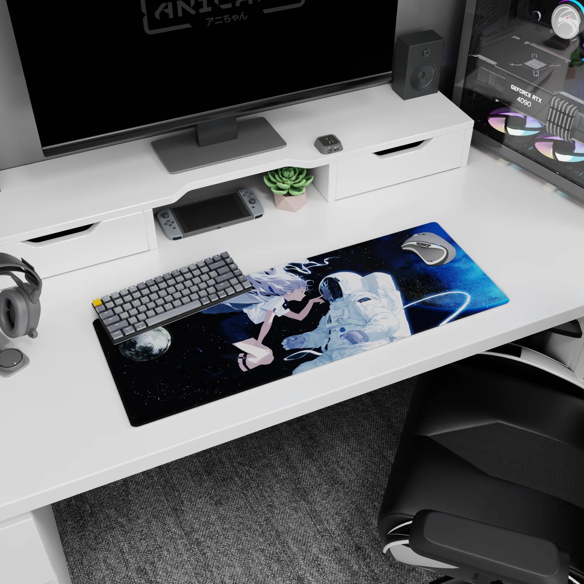 32x12 inches mouse pad showing silver-haired anime girl in white blouse and black skirt reaching an astronaut.