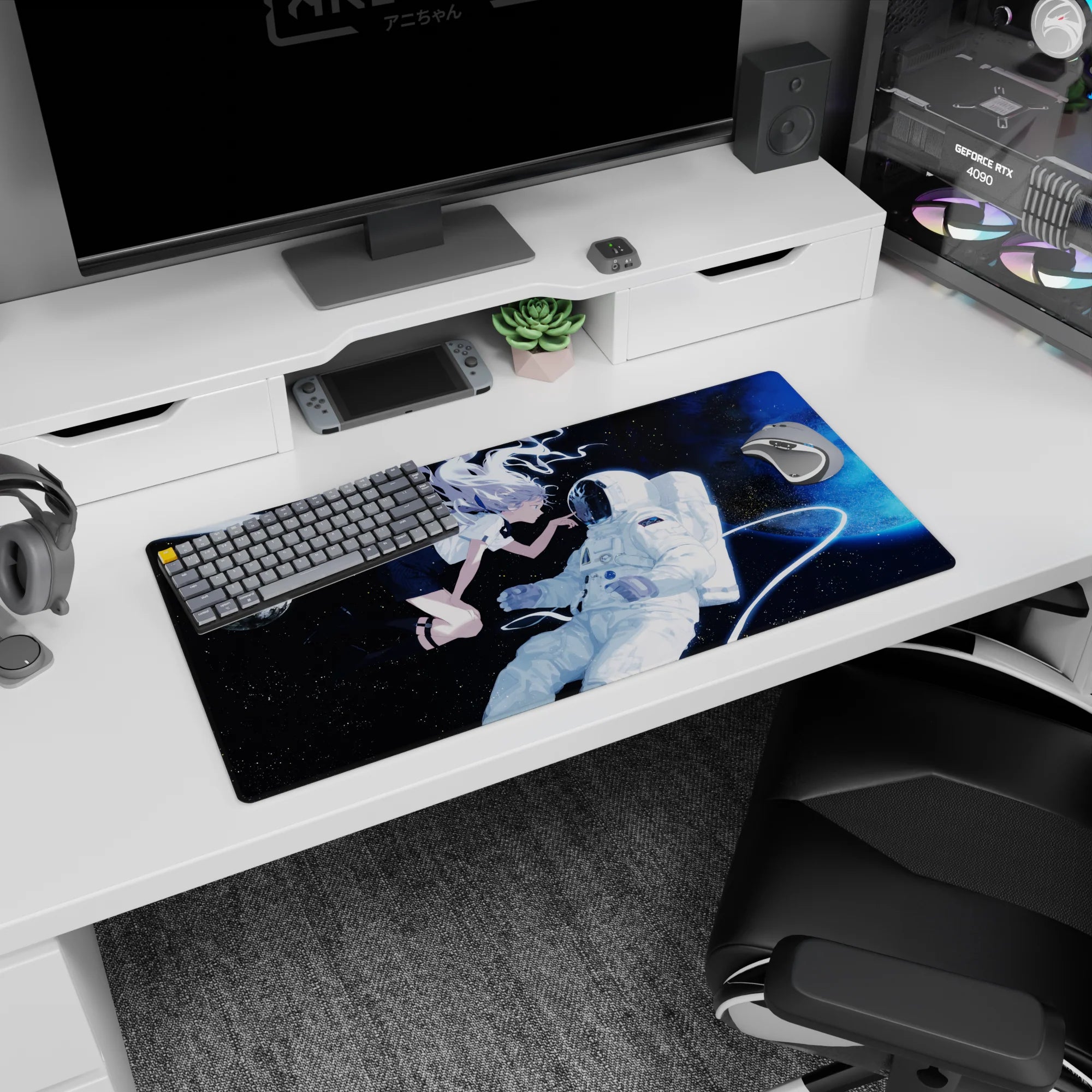 32x16 inches desk mat showing silver-haired anime girl reaching toward a white-suited astronaut with a looping tether.