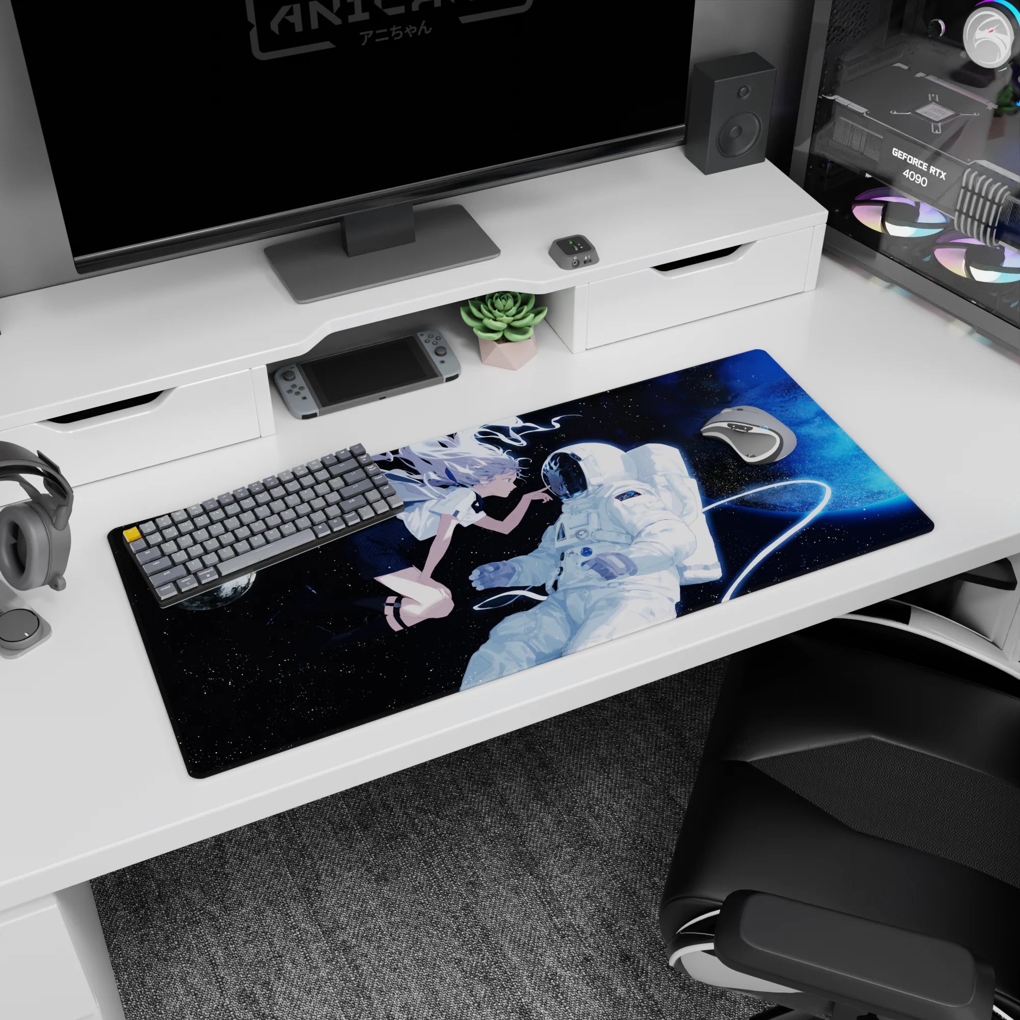 Silver-haired anime angel reaches toward an astronaut on a tether, desk pad 36x16 inches, cute space scene.