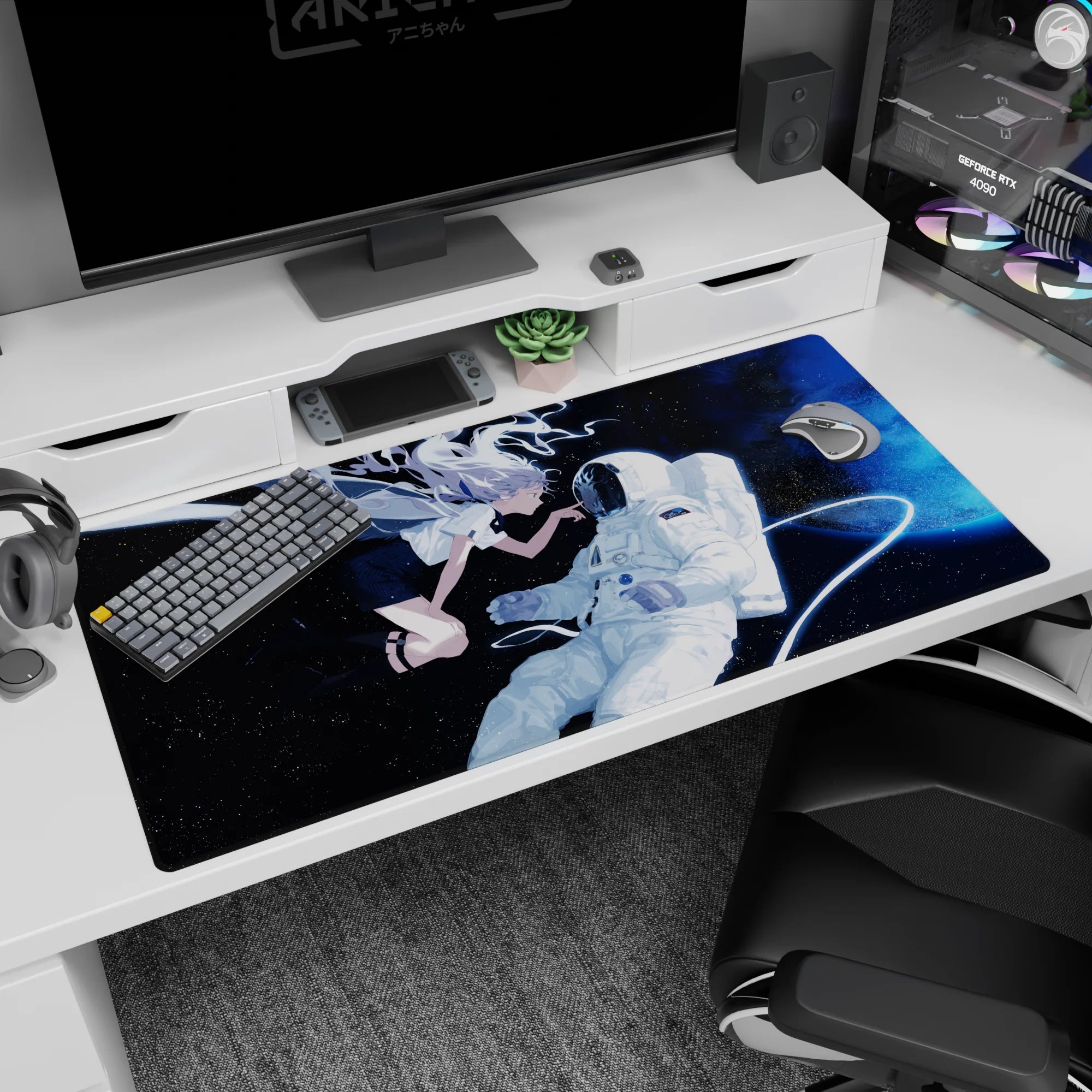 Anime girl 40x20 inches desk pad showing silver-haired girl with wings reaching toward an astronaut, tether swirling.