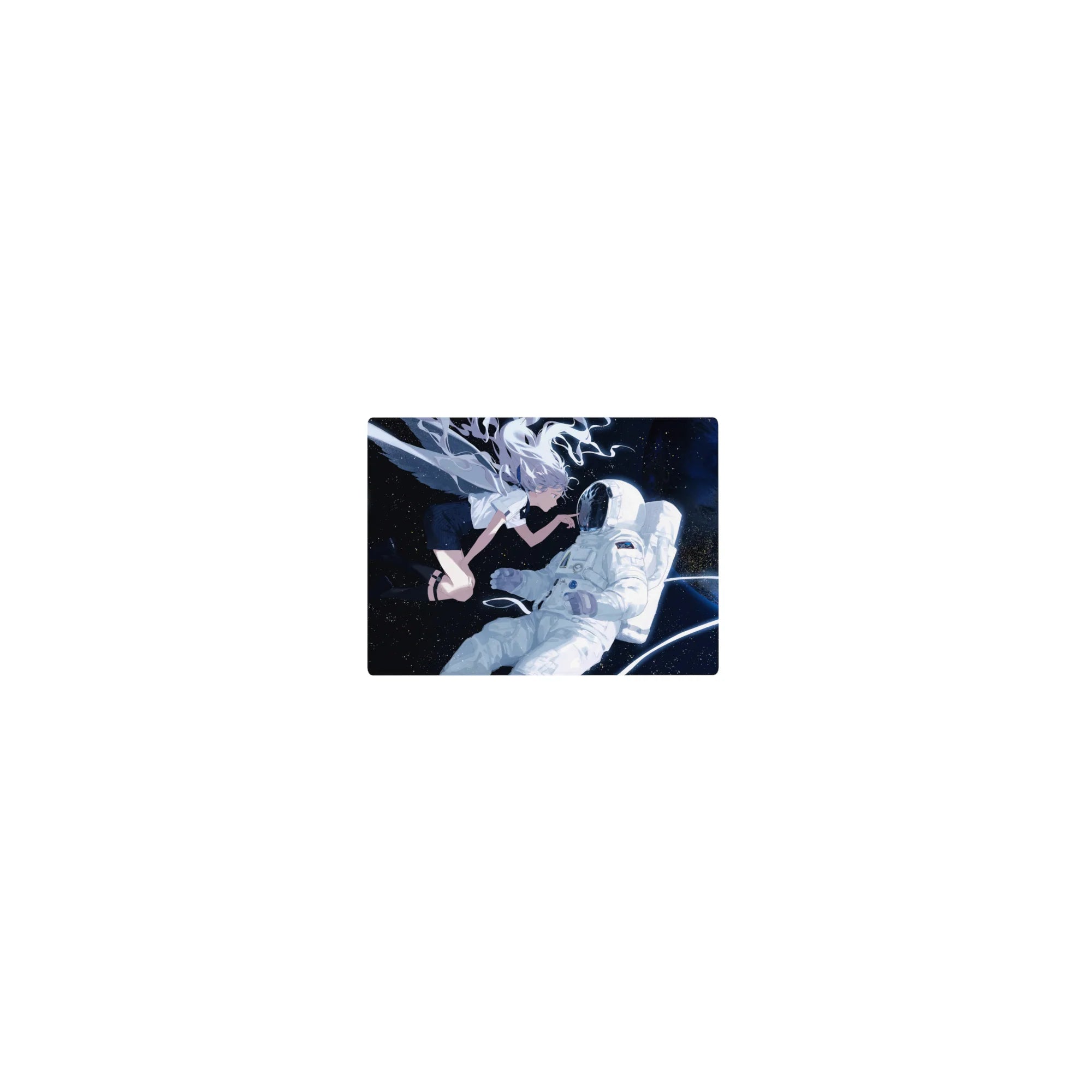 14x10 inches classic anime girl mouse pad with silver-haired angel in space beside a white astronaut.