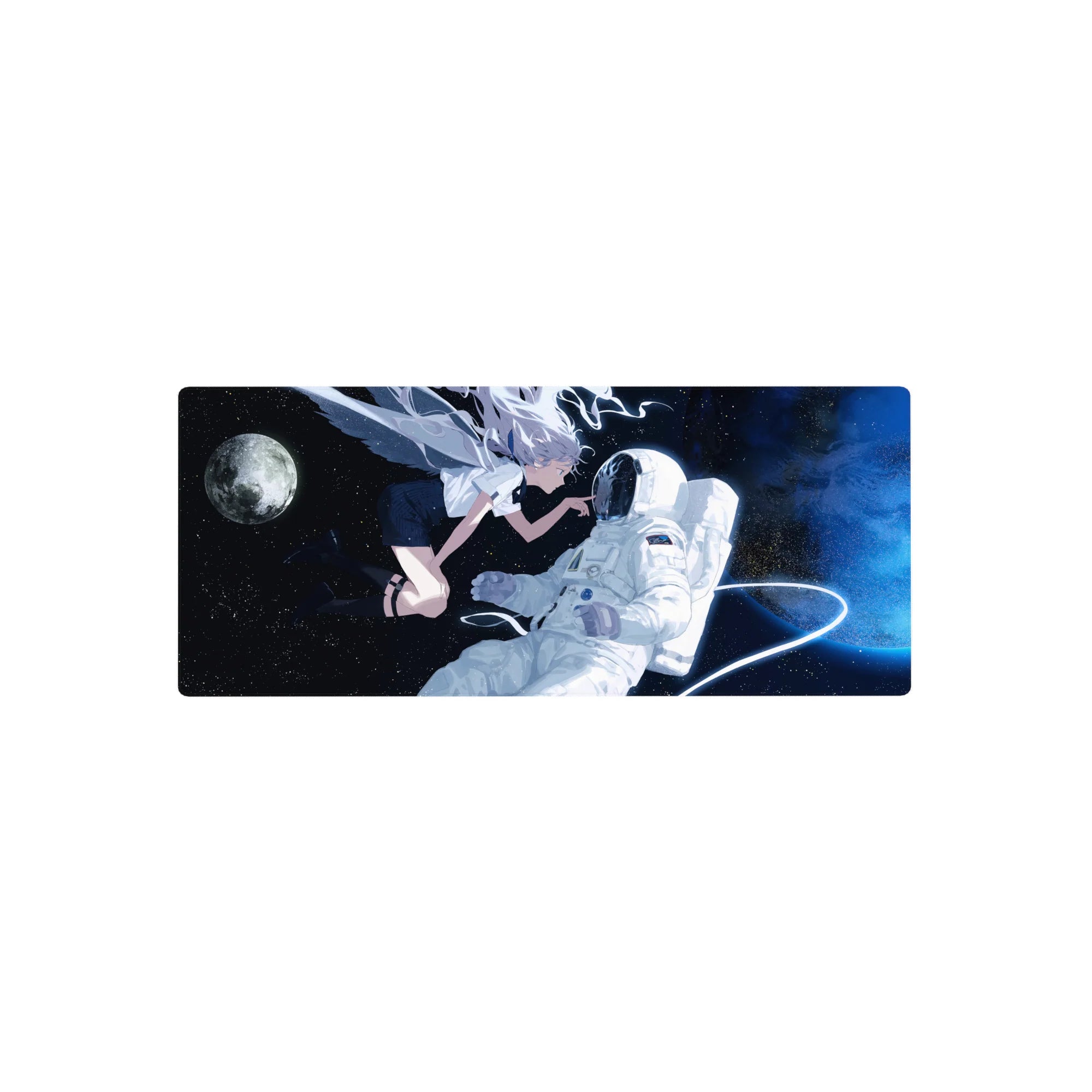 Anime girl mouse pad 28x12 inches with silver-haired winged girl and astronaut on a moonlit space scene.