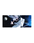 Anime girl mouse pad 28x12 inches with silver-haired winged girl and astronaut on a moonlit space scene.