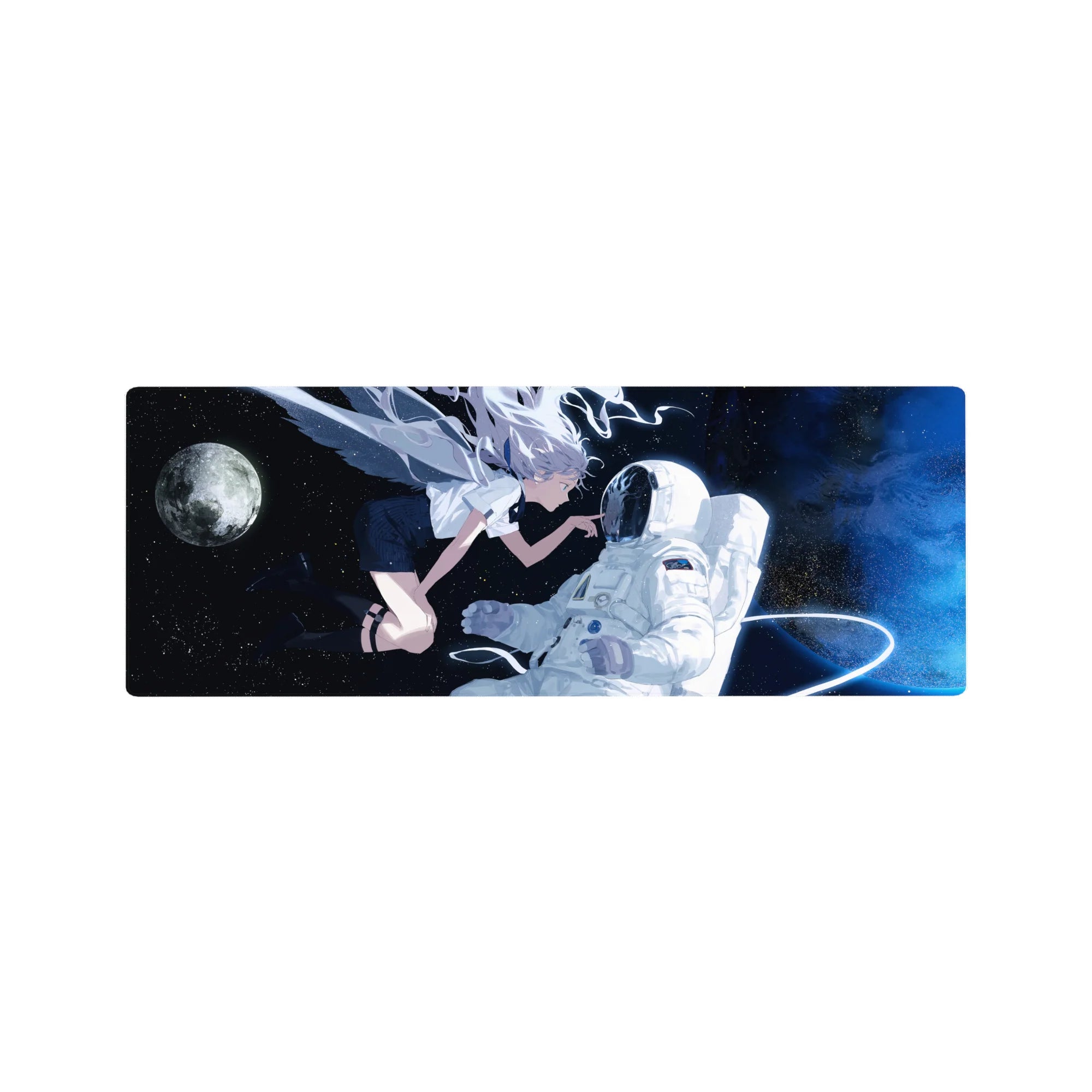 32x12 inches anime girl mouse pad with silver-haired winged girl and white astronaut in deep space scene.