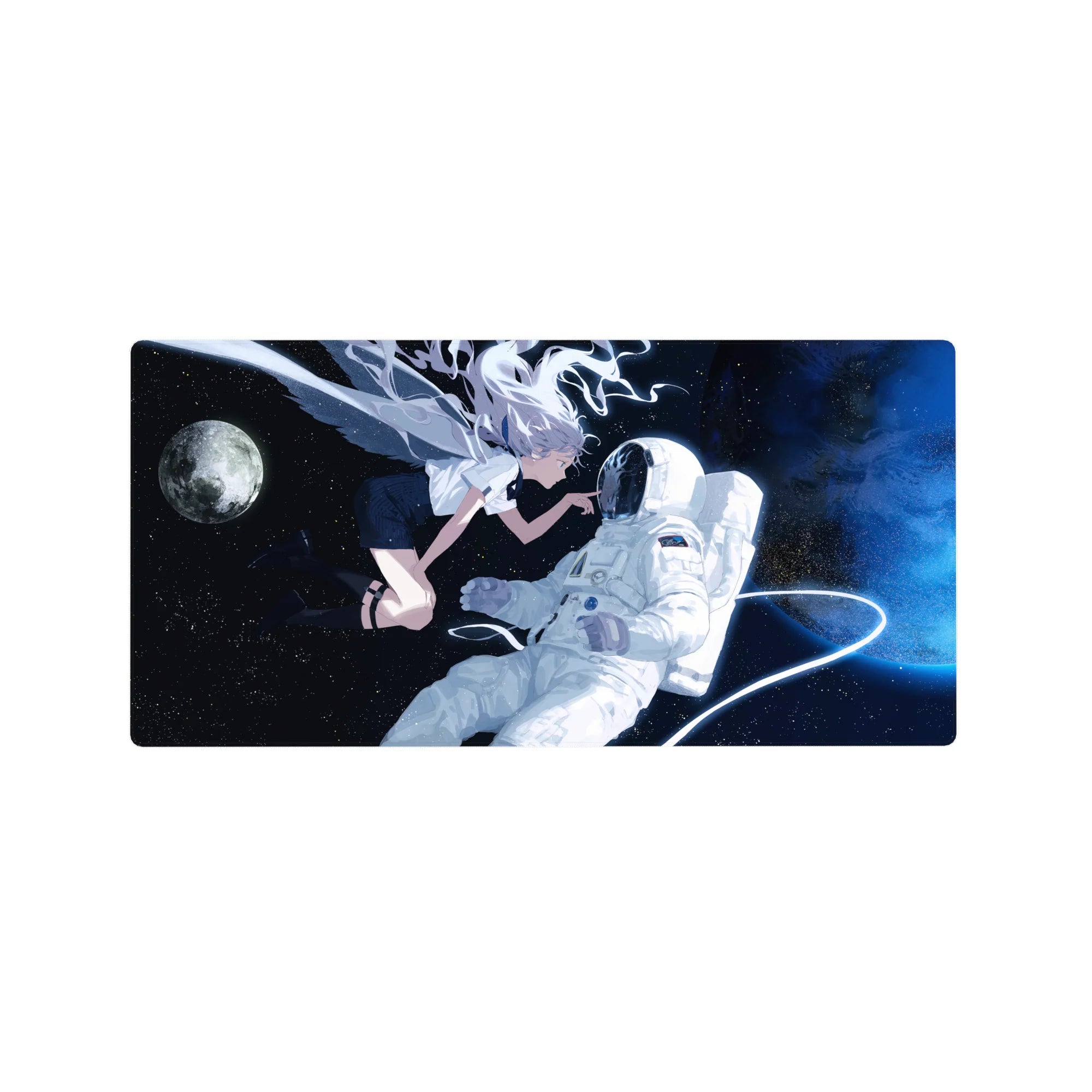 32x16 inches anime girl mouse pad with silver-haired winged girl and astronaut in a moonlit space scene.
