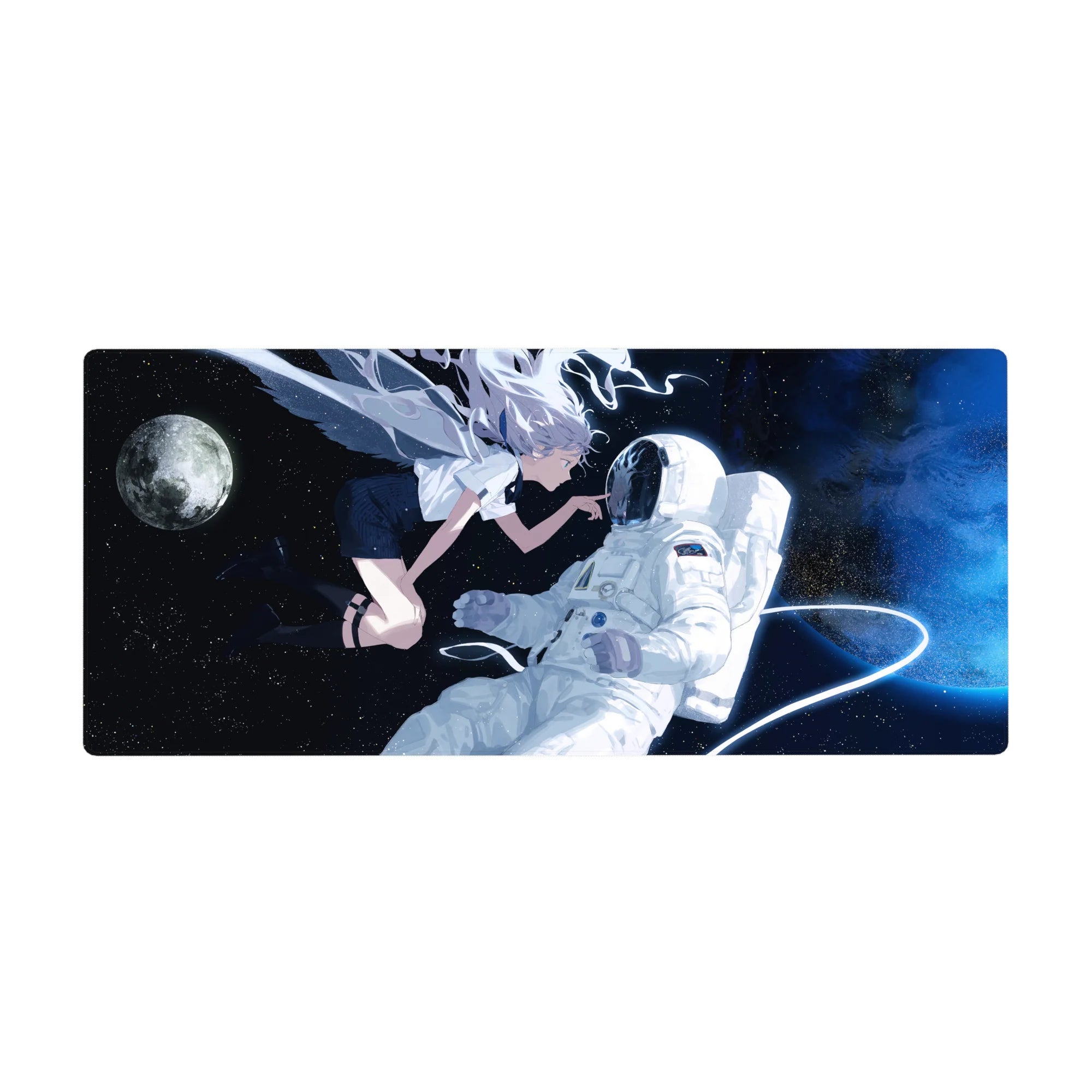 Anime girl desk pad 36x16 inches with silver-haired angel in space beside a white-suited astronaut.