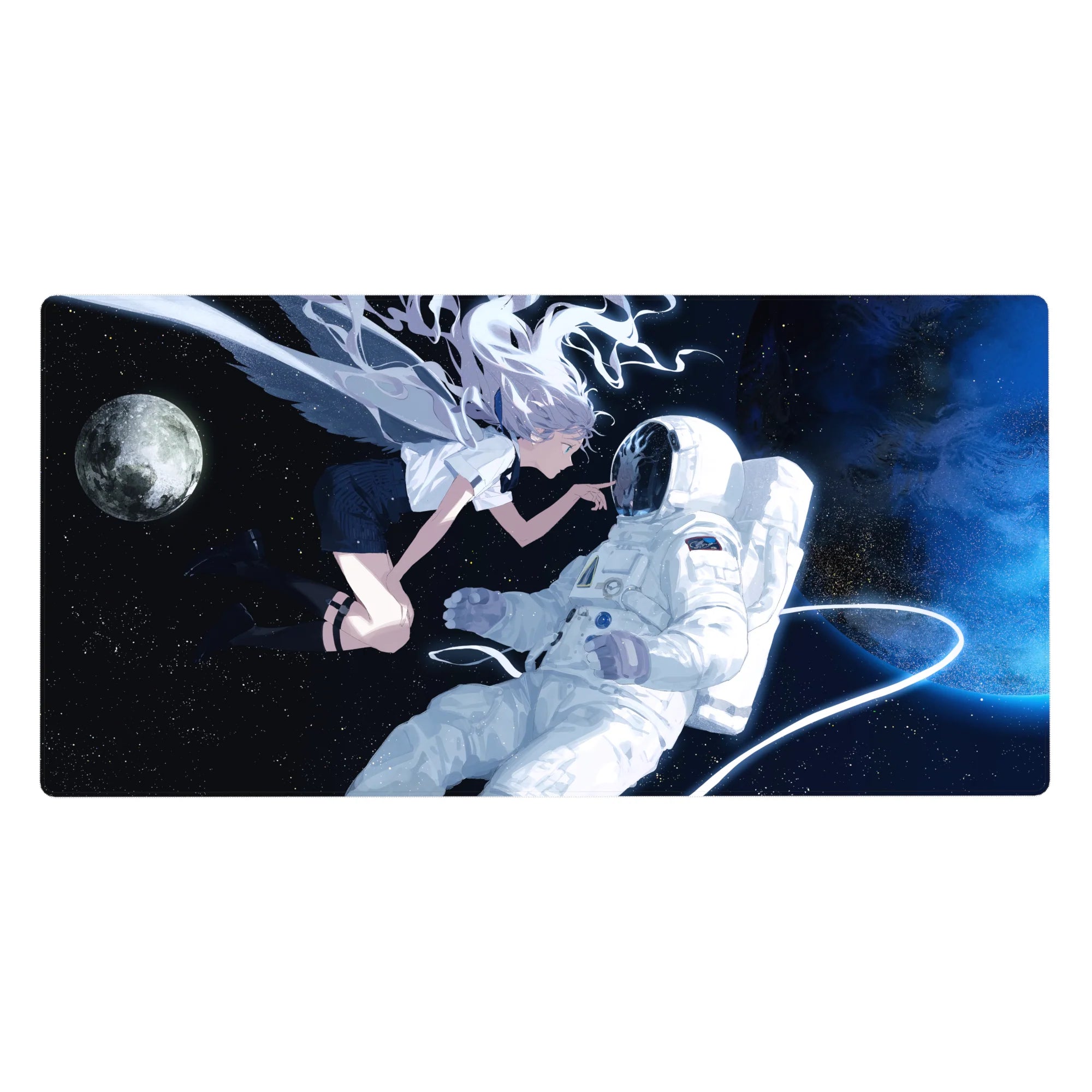Anime girl desk pad 40x20 inches with silver-haired angel in space beside a white astronaut and moonlight.