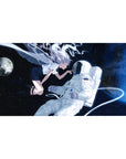 Anime girl desk pad 40x20 inches with silver-haired angel in space beside a white astronaut and moonlight.