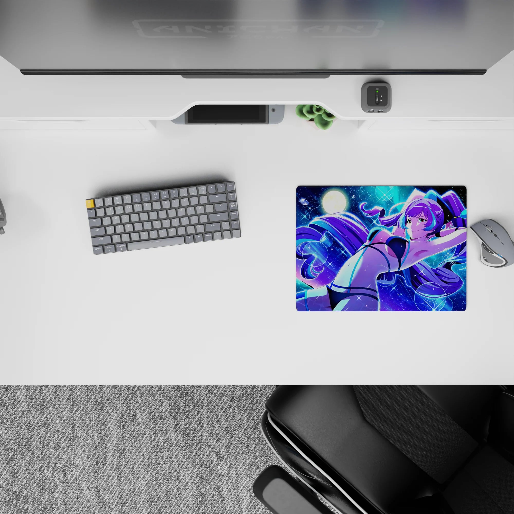 Neon cosmic vibe mouse pad 14x10 inches in electric blues and purples with starry glow and calm feel.