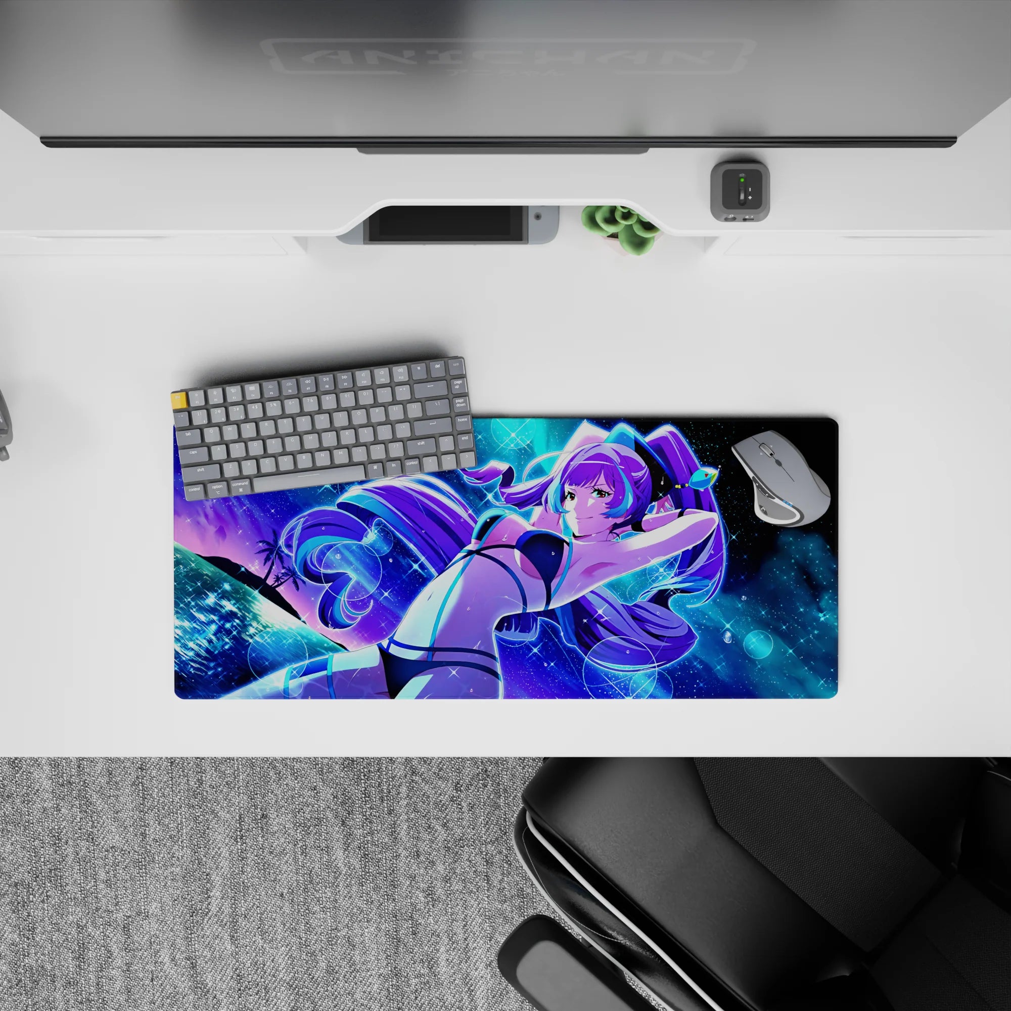 Electric blue and purple anime girl mouse pad 28x12 inches, glitter stars and planets, chill vibe.